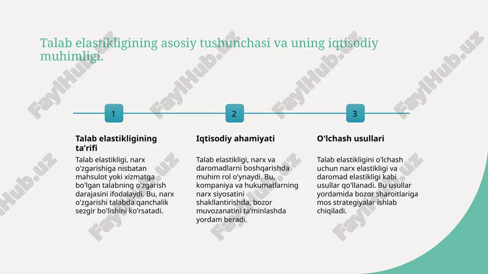 ligini ko'rsatadi. elastik taklif, narx o'zgarishi bilan ishlab chiqaruvchilar ishlab chiqarishni ko'paytiradi yoki kamaytiradi. 2 iqtisodiy qarorlar va taklif elastikligi iqtisodiy qarorlar, ishlab chiqaruvchilar va davlatlar uchun taklif elastikligini hisobga olish muhim. bu, narxlar va ishlab chiqarish hajmini optimallashtirishga yordam beradi. 3 bozor muvozanati va strategik harakatlar taklif elastikligi bozor muvozanatini o'zgartiradi, shu bilan birga kompaniyalar va hukumatlar uchun strategik qarorlar qabul qilishda muhim rol o'ynaydi. taklif elastikligini ta'sir qiluvchi omillar va ularni boshqarish yo'llari 01 raqamli omillar taklif elastikligini raqamli omillar, masalan, ishlab chiqarish xarajatlari va texnologik imkoniyatlar, o'zgartirishga qanchalik tez ta'sir qilishini belgilaydi. 02 bozor sharoitlari bozor sharoitlari, masalan, raqobat darajasi va bozor tuzilishi, taklif elastikligini oshiradi yoki pasaytiradi, bu esa ishlab chiqaruvchilar qarorlariga ta'sir qiladi. 03 resurslar va boshqaruv resurslarning mavjudligi va boshqaruv imkoniyatlari, taklifni boshqarish va muvozanatni saqlashda muhim rol o'ynaydi, masalan, resurslarni ko'paytirish yoki xarajatlarni optimallashtirish orqali. elastiklikning iqtisodiy rivojlanishga ta'siri va bozor muvozanatiga ta'siri …