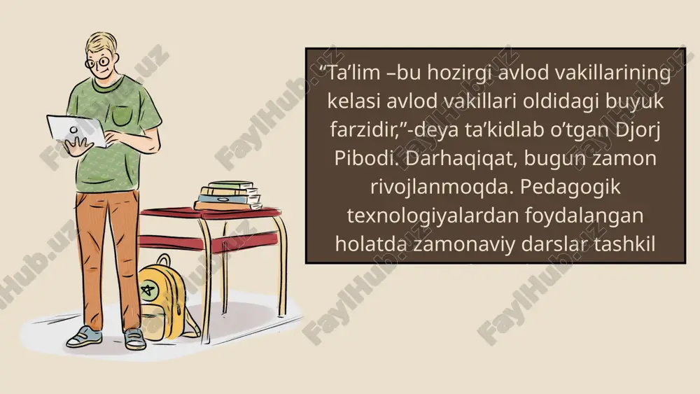 arni amaliyotda qo’llay olish ko’nikmasini shakllantirish, o’quvchilarda bo’ladigan vaziyatlarga erkin fikr bildira olish qobiliyatini shakllantirish o’qituvchi oldiga qo’yilgan asosiy talablardan biri sanaladi. pedagogika mashg’ulot darslarini o’tish tamoyillari quyidagilardan iborat: ta’lim tamoyillaridan foydalanish, bunda o’quvchilar doim mashg’ulotlarga tayyor bo’lishi kerak; standartlar, bunda darsda eng samarali natijaga erishishning standartlarini o’rnatish lozim; individuallashtirish, bunda o’quvchilar orasida zaif jihatlarni topib ular bilan yana bir marta alohida shug’ullanish. o’tiladigan har bir dars quyidagi uchta asosiy maqsadga yo’naltiriladi: o’qitish, ya’ni bilim berish;tarbiyalash, ya’ni axloqiy sifatlarni shakllantirish;rivojlantirish. ular darsning umumiy talablar didaktik, tarbiyalash, rivojlantiruvchi talablarida aniq ifodalanadi.zamonaviy darslar quyidagi talablarga javob bera olishi lozim:fanning ilg’or yutuqlari, pedagogik texnologiyalardan foydalanish, darsni o’quv-tarbiyaviy jarayon qonuniyatlari asosida tashkilm etish;darsda barcha didaktik tamoyil va qoidalarning optimal nisbatlarini ta’minlash;o’tilayotgan darslarda o’zaro boshqa falar bilan bog’liqligini taminlash;shaxsning har tomonlama o’sishini taminlash;har bir darsni puxta loyihalash, rejalashtirish va taxmin qilish. zamonaviy darslarni tashkil etishda nostandart darslardan unumli foydalanish maqsadga muvofiqdir. nostandart darslarga turli ko’rinishdagi …