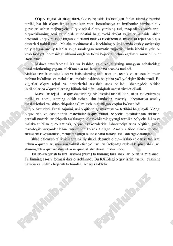 digan ish turlariga qarab mashg'ulotlar (dars)ning quyidagi hillarini kurib o`tish mumkin: mashq darslari, o`quv ishlab–chiqarish buyumlarini mustaqil tayyorlash darslari, aralash darslar, ko`rsatmali va nazorat–tekshirish darslari. mash g' ulot darslaridan mashq qilish davrida foydalaniladi. bu erda etakchi element, o`quvchilar tomonidan mashqlarni ishlab chiqarish harakatlari operasiyalarida qayta bajarish o`isoblanadi. o`quv ishlab chiqarish buyumlarini mustaqil tayyorlash darslari ishlab chiqarish ta`limi asosiy sharti sifatida utiladi. bunda o`quv ishlarini mustaqil bajarish yakka, brigadali va frontal (umumiy gruppaviy) bo`lishi mumkin. bir hil ish quroli va bir asbob ko`plab bir hil ishni umumguruxli bajarilayotganda (bir traktorda navbat bilan mashq bajarilayotganda) usta guruga faqat umumiy raxbarlik qilish bilan har bir o`quvchiga yordam beradi. mustaqil ish agar o`quvchi brigadada o`zining mustaqil topshirigini bajarayotgan bulsa, brigadali bo`lishi ham mumkin. aralash dars barcha aytib utilgan dars hillariga xos bo`lgan elementlar qo`llaniladigan darsga aytiladi. har bir darsning bosh vazifasi va maqsadi o`quvchilar tomonidan dastur materialini frontal hamda rejali ravishda o`zlashtirishdir. ko`rsatmali (instruktiv) …