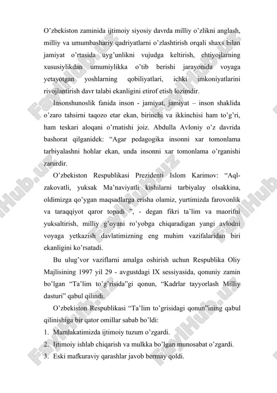 adrlar bilan to’ldirish tahminlanadi, ularning faoliyatida raqobatga asoslangan muhit vujudga keltiriladi. «kadrlar tayyorlash milliy dasturi» maqsadini ro’yobga chiqarishning ikkinchi bosqichida ta’lim muassasalarining moddiy-texnika va axborot bazasini mustahkamlash davom ettiriladi, o’quv-tarbiya jarayonining yuqori sifatli.o’quv adabiyotlari va ilg’or pedagogik texnologiyalar bilan tahminlash, uzluksiz ta’lim tizimini axborot lashtirish vazifalarining ham hal etilishiga alohida urg’u beriladi. uchinchi bosqich (2005 va undan keyingi yillar) to’plangan tajribani tahlil etish va umumlashtirish asosida, mamlakatni ijtimoiy-iqtisodiy rivojlantirish istiqbollariga muvofiq kadrlar tayyorlash tizimini takomillashtirish va yanada rivojlantirish. bu bosqichda, yana shuningdek, — ta’lim muassasalarining resurs, kadrlar va axborot bazalarini yanada mustahkamlash; — o’quv – tarbiya jarayoni yangi o’quv-uslubiy majmualar, ilg’or pedagogik texnologiyalar bilan to’liq tahminlanishi; milliy (elita) oliy ta’lim muassasalarini qaror toptirish va rivojlantirish; ta’lim jarayonini axborotlashtirish, uzluksiz ta’lim tizimi jahon axborot tarmog’iga ulanadigan kompyug’ter axborot tarmog’i bilan to’liqqamrab olinishiga erishish kabi vazifalarning ham ijobiy yechimi tahminlanadi. o’zbekiston respublikasi «kadrlar tayyorlash milliy dasturi» tarkibiy tuzilmasi quyidagicha aks etadi kadrlar …