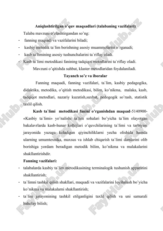 s bog’langan bo’lib, bir-biriga ta`sir etadi. ta`lim- bilim berish malaka va ko’nikma hosil qilish jarayoni kishini xayotga, mehnatga tayyorlashning asosiy vositasidir. ta`lim jarayonida bilim o’zlashtiriladi va tarbiya amalga oshiriladi. kasbiy pedagogika- umumiy pedagogikaning bir sohasi bo’lib, u tarbiya, ta`lim, o’qitish haqida kator nazariy va amaliy ma`lumotlar beradi. kasbiy pedagogika sanoat, ishlab chiqarish va mehnat pedagogikasining masalalari bilan shug’ullanadi. didaktika-grekcha «didaskiuen» so’zidan olingan bo’lib, o’qitaman, o’qishni o’rgataman ma`nolarini anglatadi. didaktika o’qitish jarayonini shakllari, metodlari, tamoyillari, mazmuni, vazifasi va maqsadlarini ishlab chiqadi. metod-iborasi (yunoncha-metodos-tadqiqot yoki bilish yo’li, nazariya ta`limot ma`nosini anglatib) voqeylikni bilish, o’zlashtirish, o’zgartirish usullari majmuasidir. metod-pedagogik jarayon elementi sifatida mazmun, maqsadlarga maksimal mos kelishi kerak, ana shunda- tarbiya, ta`lim rivojlanish amalga oshadi. metodika-pedagogikaning o’qitish qonuniyatlari, qoidalari, tashkil etish shakllari, amalga oshirishi va natijalarini nazorat qilib, baholash metod hamda vositalari o’zida mujassamlashtiruvchi fan tarmog’idir. o’qitish metodikasi- bu turli usullar tizimi bo’lib, o’quv-didaktik materiallaridan foydalanish orqali belgilangan maqsadga erishish uchun nazariy va …