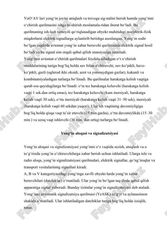 ya qurilmasi (yeask) to‘g‘ri va aylanasimon shaklda o‘rnatiladi. ular ishlatiladigan datchiklar turiga bog‘liq holda issiqlik, tutun, muhofa-zalovchi va kombinatsiyalashgan turlarga bo‘linadi. bu qurilmalar yong‘in va muhofaza-yong‘in turlariga bo‘linadi. muhofaza-yong‘in tizimlari qimmatbaho materiallar saqlanadigan omborlarda hamda odamlar ko‘r bo‘ladigan tashkilotlarda, aholi turar joylarida ishlati-ladi. yong‘in va muhofaza-yong‘in signalizatsiyasining asosiy ele-mentlariga yong‘in to‘g‘risida xabar beruvchi qurilma, qabul qilish stansiyasi, aloqa liniyasi, kuchlanish manbai, tovushli yoki yorug‘likli signal qurilmasi kiradi. yong‘in avtomatik signalizatsiyasiga apst-1, signalizatsiyali issiqlik yong‘in qurilmasiga - stpu-1 lar misol bo‘la oladi. ushbu qurilmalardagi yong‘in to‘g‘risida avtomatik xabar beruvchi moslamalar muhitdagi issiqlik o‘zgarishi, tutun va issiqlik o‘zgarishi hamda yorug‘lik energiyasining o‘zgarishini qayd etish asosida ishlaydi. yong‘inni o‘chirishni tashkillashtirish yong‘inni o‘chirishni tashkil etish yong‘inni o‘chiruvchi vosi- talarning mavjudligiga, ko‘ngilli o‘t o‘chirish drujinachilari va yong‘in-qorovul muhofazasini tashkil etilganlik darajasiga, otryadlar o‘rtasida ishni qanday tashkil etilganligiga bog‘liq bo‘ladi. agar yong‘inni o‘chirishda m-800a motopompasidan foy- dalanilsa, harbiy hisob («boevou ratchet») to‘rt kishidan, ua’ni otryad boshlig‘i, …