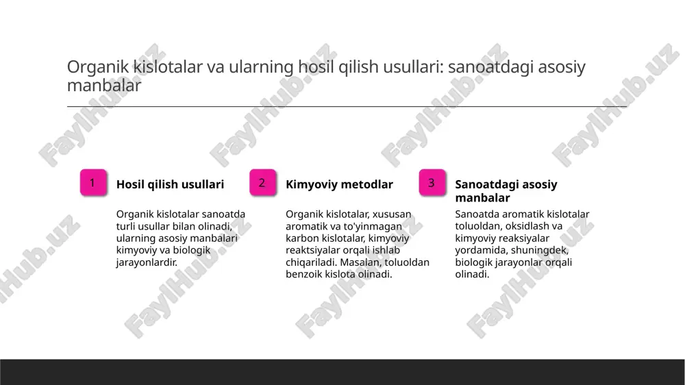 nda yuqori molekulyar mahsulotlar, masalan, malein va fumar kislotalar hosil bo'ladi. to'yinmagan karbon kislotalarning reaksiyalari va sanoatda qo‘llanilishi 1 to'yinmagan karbon kislotalarning reaksiyalari va sanoatda qo‘llanilishi bu slide to'yinmagan karbon kislotalarning kimyoviy reaksiyalari va ularning sanoatdagi muhim rolini o'rganadi. molekula tuzilishi va reaktsiya mexanizmlari muhim ahamiyatga ega. 2 kimyoviy xossalar to'yinmagan karbon kislotalar molekulasida qo'shbog' va karboksil guruhlar mavjud bo'lib, ular etilen uglevodorodlarini ham o'z ichiga oladi. molekula kislota xususiyatini kuchaytiradi. 3 sanoatdagi qo‘llanilishi bu kislotalar texnikada, plastmassa ishlab chiqarishda, tibbiyotda va kimyo sanoatida keng qo'llaniladi. masalan, geksametil diamin bilan neylon hosil qilishda ishlatiladi. to'yinmagan karbon kislotalarning qizdirilganda hosil bo‘ladigan mahsulotlar va reaktsiyalar 1 qizdirilganda hosil bo‘ladigan mahsulotlar to'yinmagan karbon kislotalar qizdirilganda, karbonil guruh vodorodga almashadi va hosil bo‘ladigan mahsulotlar, masalan, angidridlar va oksidlar, chiqariladi. 2 reaktsiyalar va mahsulotlar ftal angidrid va fenolftalein kabi mahsulotlar ftal kislotalarining issiqlik bilan ishlov berishda paydo bo‘ladi. ftal kislotaning suv chiqishi bilan angidrid hosil …