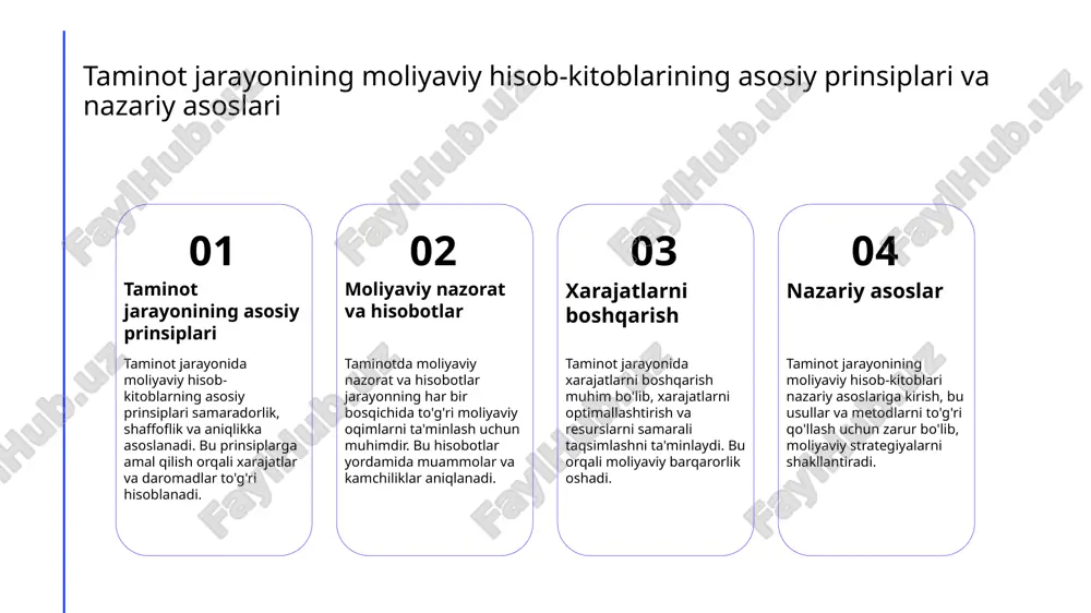 tirish strategiyalari xavflarni kamaytirish uchun diversifikatsiya, shartnoma shartlarini qat'iylashtirish va ehtiyot choralarini joriy etish muhim. bu usullar moliyaviy barqarorlikni ta'minlaydi. taminot zanjirida moliyaviy oqimlarning asosiy prinsiplari va ularning shakllanishi taminot zanjirida oqim prinsiplari taminot zanjirida moliyaviy oqimlar resurslarning harakatini, xarajatlarni va daromadlarni muvofiqlashtirish uchun asosiy prinsiplarga amal qiladi, bu esa iqtisodiy samaradorlikni ta'minlaydi. moliyaviy shakllanish jarayoni moliyaviy oqimlar zanjirda xarid qilishdan tortib, yetkazib berishga qadar bo'lgan jarayonlarda shakllanadi, bu esa resurslar va mablag'larning oqimini boshqarishni ta'minlaydi. strategik boshqaruv usullari moliyaviy oqimlarni boshqarishda zamonaviy texnologiyalar va strategiyalar yordamida risklarni kamaytirish va moliyaviy barqarorlikni ta'minlash mumkin. moliyaviy oqimlarni boshqarishda zamonaviy usullar va texnologiyalar 1 yangi texnologiyalar - zamonaviy moliyaviy oqim boshqaruvi uchun sun’iy intellekt va big data texnologiyalari keng qo’llanilmoqda. bu usullar aniq prognozlar va samarali qarorlar qabul qilish imkonini beradi. 2 avtomatlashtirish - raqamli platformalar va dasturiy ta’minotlar yordamida moliyaviy jarayonlar avtomatlashtiriladi. bu esa xatoliklarni kamaytiradi va boshqaruv jarayonlarini tezlashtiradi. 3 …