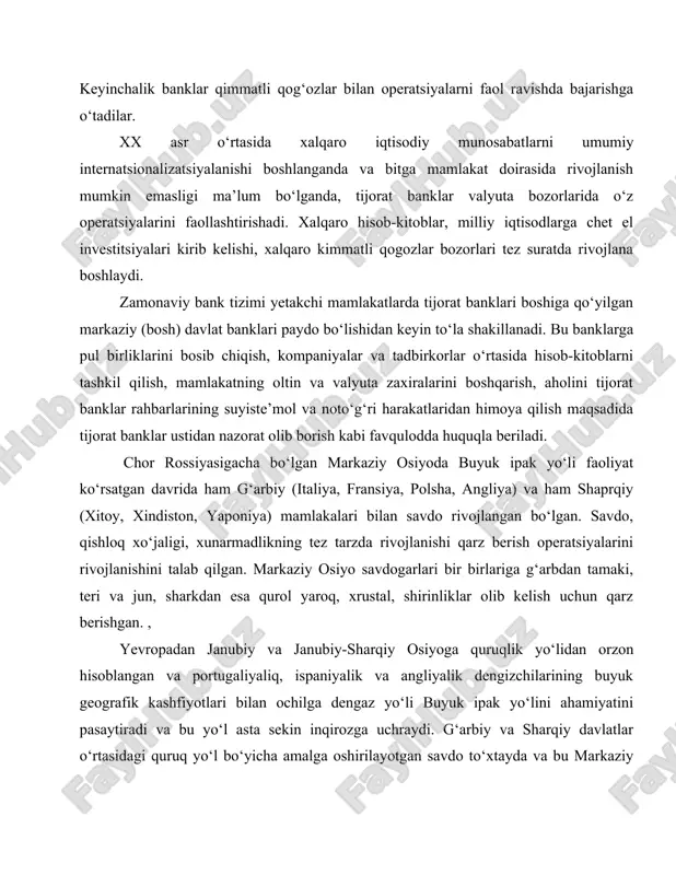 yicha amalga oshirilayotgan savdo to‘xtayda va bu markaziy osiye mamlakatlaridagi nafaqat savdogarlar, balki butun aholini farovonligiga ta’sir qiladi. foizlarga qarz berish ancha pasayada. markaziy osiyoning rossiya imperiyasiga qo‘shilganidan so‘ng bu yerga bank ishining zamonaviy shakllari kirib keladi. markaziy osiyo xix asr oxiri - xx asrning boshida kapitalistik munosabatlar tez tarzda rivojlangan rossiya imperiyasining umumiy iqtisodiy tizimiga asta sekin kira boshlaydi. rossiya banklari markaziy osiyo iqtisodining qishloq ho‘jaligi va kon qazib olish tarmoqlarini kreditlashni boshlaydi. qimmatli qog‘ozlar bozora faol etishni boshlaydi. markaziy osiyoda shakllangan burjuaziya sinifi orasida birinchi bankirlar chiqa boshlaydi. lekin bank ishi o‘z rivojlanishining dastlabki davrida bo‘ladi va shu holatda qoladi. bolsheviklarni hokimiyatga kelganlaridan so‘ng 1917 yil 27 dekabrdagi dekret bilan bank ishi butun rossiya imperiyasida, shu jumladan, markaziy osiyoda ham davlat monopoliyasi deb elon qilinadi, tijorat banklar davlat mulkiga aylantiriladi. bank xodimlarining bir qismi chet elga chiqib ketadi, ularning bir qismini sho‘ro hukumati qirib tashlaydi, bir qismi esa …
