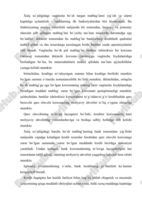 sishi, bank kreditining qo`llanilish ko`lamini kengaytirib boradi. kredit faqatgina har kunlik faoliyat bilan bog`liq ishlab chiqarish va muomala jarayonining qisqa muddatli ehtiyojlari uchun emas, balki uzoq muddatga kapitalga bo`lgan ehtiyojni qoplashga yo`naltiriladi. 60-yillardan boshlab banklar yirik mijozlarga xizmat ko`rsatishga ixtisoslasha bordi. bu maqsadni amalga oshirish uchun banklar mablag`larni jalb qilish miqyosini, iste`mol uchun kreditlar berish ko`lamini kengaytirdi. to`lovlarda vositachilik funktsiyasida banklar o`z mijozlarining topshirig`iga asosan to`lov jarayonlarini amalga oshiradi, hisobvaraqlariga mablag`larni qabul qiladi, pul tushumlarining hisobini olib boradi, mijozlarga pul mablag`larini beradi. hisob-kitoblarning bank orqali olib borilishi muomala xarajatlarining kamayishiga olib keladi. mijoz mamlakat ichida va boshqa mamlakat bilan qiyinchiliksiz o`z mablag`larini bank orqali o`z hisobvaraqasidan boshqa korxona hisobvaraqasiga yoki boshqa mamlakat bankiga o`tkazishi mumkin. muomalaga kredit vositalarini chiqarish. bank kreditining manbai faqat vaqtincha bo`sh mablag`lar va kapital bo`lib qolmasdan, kredit asosida chek-depozit emissiyasi ham amalga oshiriladi. bank tomonidan beriladigan kredit miqdori mavjud jamg`armalardan ko`p bo`lsa, bank chek-depozit emissiyasini amalga …