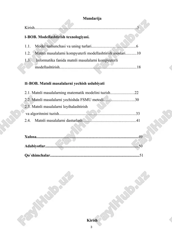 ot predmeti umumiy o‘rta ta’lim maktablarida o‘qitiladigan informatika va hisoblash texnikasi asoslari fani, yaratilgan matematik modellar, microsoft office programmalari, algoritmlashtirish tillari bo‘lib, obyekti esa muayyan fanlarga tegishli matnli masalalar hisoblanadi. 8. tadqiqotning ilmiy va amaliy ahamiyati. ishda olingan natijalar va unda qilingan usullardan turli iqtisodiy, ijtimoiy sohalarning ko‘pgina amaliy masalalarini kompyuterli modellashtirishda, ularning dasturiy vositalarini ishlab chiqishda, shuningdek maktab kursidagi matematika, fizika, biologiya, kimyo va hokazo fanlarning matnli-amaliy mashg‘ulotlarining loyihalarini va viziuallashtirilgan dasturlarini yaratishda foydalanish mumkin. 9. ishning tuzilishi. ushbu ish kirish, ikkita bob, xulosa, foydalanilgan adabiyotlar ro‘yxati, ilovalardan iborat. birinchi bob «modellashtirish texnologiyasi» atamasida bo‘lib, unda olingan natijalarni bayon qilishda zarur bo‘lgan asosiy tushunchalar, modellashtirish prinsiplari, abstrakt modellar va matematik modellarni qo‘llash sohalari haqida ma’lumotlar berilgan. ikkinchi bob «matnli masalalarni yechish uslubiyati» atamasida bo‘lib, unda matnli masalalarning matematik modelini tuzish, matnli masalalarni yechishda fsmu metodi, matnli masalalarni loyihalashtirish va algoritmini tuzish, matnli masalalarni dasturlashga tegishli kriteriyalar, instrumentlar va kompyuterda …