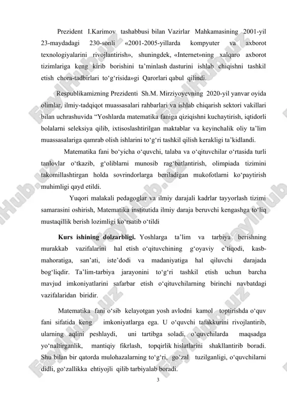 iy fikrlash, topqirlik hislatlarini shakllantirib boradi. shu bilan bir qatorda mulohazalarning to‘g‘ri, go‘zal tuzilganligi, o‘quvchilarni didli, go‘zallikka ehtiyojli qilib tarbiyalab boradi. kurs ishining obyekti. oliy ta’lim muassasalarida “matematik analiz” fanini o‘qitish jarayoni. kurs ishining predmeti. oliy ta’lim muassasalarida matematik analiz misol va masalalarda qo‘llashni nazariy va amaliy bilimlar asosida o‘rgatish usullari. kurs ishining maqsadi. oliy ta’lim muassasalarida “matematik analiz” fanidan aniq integral va uning xossalarini o‘rganish va ularga doir misollar va masalalar yechishdan iborat. kurs ishining vazifalari. “matematik analiz” fanidan aniq integral va uning xossalari mavzusidan, boshlang‘ich funksiyasi, aniq integral tadbiqlari, shuningdek, kurs ishi yuzasidan olingan nazariy bilimlarni, amaliyotda masala va misollarda tadbiq qilib va uning natijalarini tahlil qilish va tegishli xulosalar chiqarish zarur demakdir. kurs ishining tarkibi. kurs ishi ikkita bob, 5 ta paragraf va 27 betdan iborat. 1-bob. aniq integral haqida tushuncha 1.1-§. segmentni bo‘laklash. biror segment beril-gan bo‘lsin. bu segmentning quyidagi munosabatda bo‘lgan (1.1) nuqtalari to‘plamini olaylik. …
