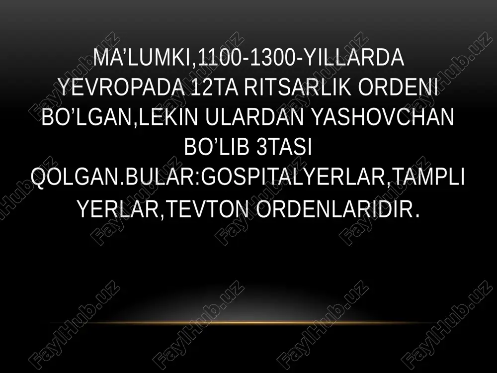 ish bo’lgan. orden bu paytga kelib,falastin va janubiy fransiyada o’zining mulklariga ega bo’lgan. ular xuddi tampliyerlardek,yevropada katta ta’sirga ega bo’la boshlaydi.xii asrning oxirida xristianlar falastindan quvib chiqarilganda,orden a’zolari kiprdan panoh topadilar. lekin, bu holat ritsarlarni qoniqtirmagan. 1307-yilda buyuk magistr falkon de villaret ioanniylarni rodos oroliga quvg’in qiladi.mahalliy aholi o’z mustaqilligini yo’qotmaslik uchun qattiq harakat qiladi.biroq,oradan 2yil o’tib,ular orolda mustahkam o’rnashib,himoya qorg’onini quradilar. endi, gospitalyerlar “rodoslik ritsarlar” nomini olishdi va sharqda xristianlarning tayanchiga aylanishdi. 1453-yilda konstantinopol,kichik osiyo va gretsiya to’liq turklarning qo’liga o’tdi.ritsarlar joylashgan orolga hujum qilish xavfi tug’ildi. xavf ko’p kuttirmadi.1480-yilda turklar rodosga hujum qildilar.ritsarlar hujumga turib berdilar va hujumni qaytardilar.o’rtayer dengizida hukmronlik qilishga turklar xalal berganligi uchun ioanniylar turk sultonining ko’zlarini o’yib oldilar. oxiri turklarning sabr kosasi to’ldi. 1522- yilda sulaymon ajoyib xristianlarni o’zining qo’l ostidagi yerlardan quvib yuborishga ont ichdi. rodos oroliga 700 kemada 200000 armiya kelib tushdi.buyuk magistr vilye de lil adan sultonga o’z qilichini berguncha ioanniylar …