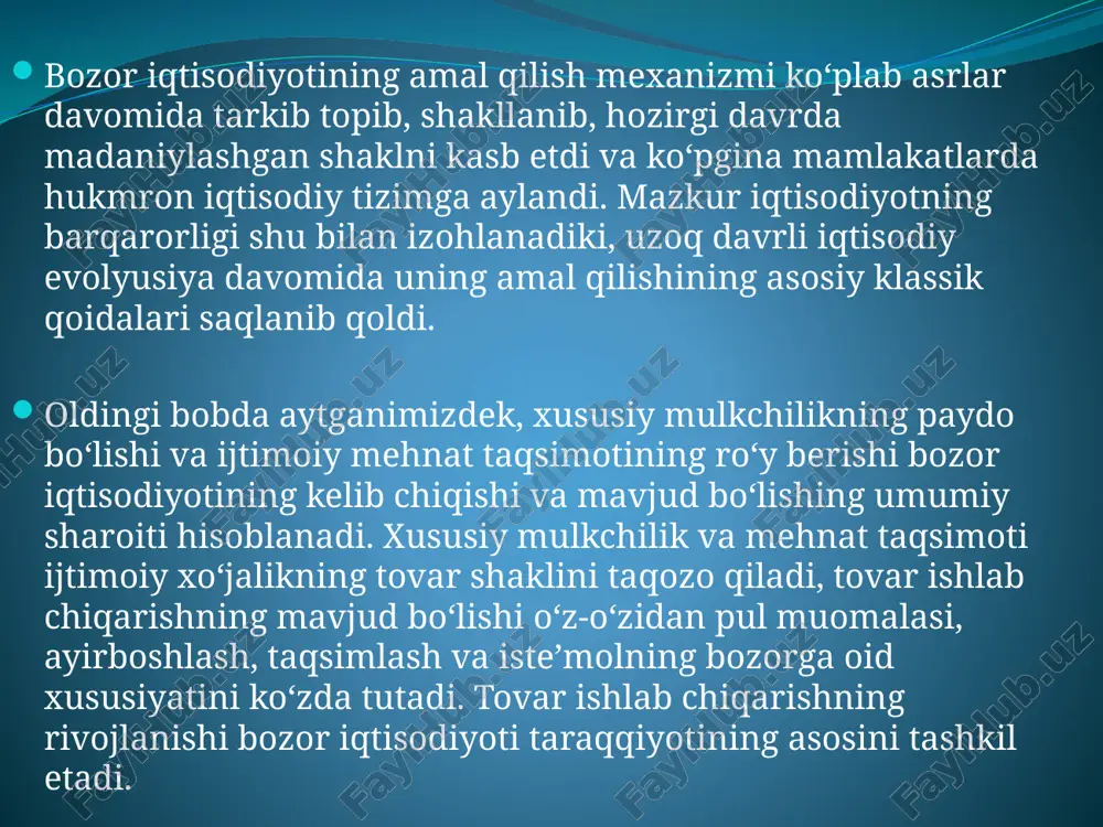 otgan mamlakatlar yo‘li;  3) sobiq sotsialistik mamlakatlar yo‘li;  4) sotsializm g‘oyalarini samarali bozor iqtisodiyotini vujudga keltirish mexanizmi bilan qo‘shib olib borish yo‘li (xitoy, vetnam). jahon tajribasi ko‘rsatishicha, bozor iqtisodiyotiga revolyusion yo‘l bilan, ya’ni jadal usulda yoki evolyusion yo‘l bilan, ya’ni bosqichma-bosqich o‘tish mumkin. birinchi holda, tub islohotlarni o‘tkazish, avvalgi tizimni va tarkib topgan iqtisodiy munosabatlarni birdagina va batamom sindirish talab etilib, «karaxt qilib davolash» usuli («shokovaya terapiya») deb ataladi. eski iqtisodiy munosabatlarni bosqichma-bosqich yangi bozor munosabatlariga aylantira borib, samarali bozor iqtisodiyotini shikassiz vujudga keltirish mumkin. islohotlar tajribasi shuni ko‘rsatadiki, evolyusion yo‘l kamroq ijtimoiy larzalarga olib keladi, ancha izchil va muqarrardir. tartibga solinadigan bozor iqtisodiyotiga o‘tish yo‘llarigina emas, balki uning andozalari ham xilma-xildir. eng avvalo, ular shunday bozor iqtisodiyoti vujudga keltirilayotgan va amal qilib turgan mamlakatlarning milliy xususiyatlari va an’analari bilan farq qiladi. shu boisdan bozor iqtisodiyotining ma’lum andozalari ularni amalga oshiruvchi muayyan mamlakatga mansubligiga qarab ajratiladi. masalan, germaniya, …