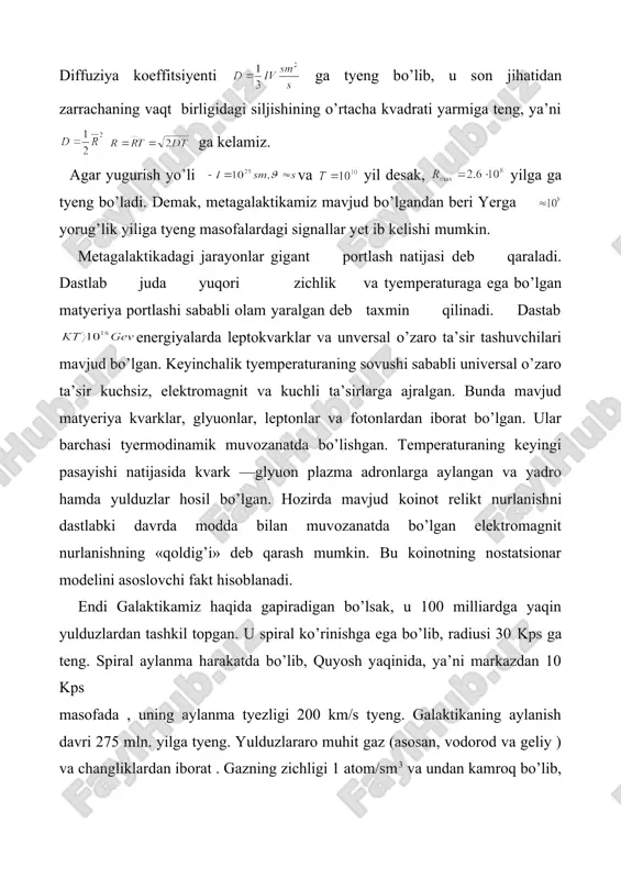 juda kuchli portlashlar bo’lib, bunda at mosferaga ajralib chiqqan moddalar energiyasi 1033 erg gacha yetadi. quyosh aktivligi 11 yillik davrga ega, quyosh magnit maydoniga ega bo’lib, uning ta’siri quyosh sistemasi chegarasigacha seziladi, va bu sohaga geliosfera deyiladi. quyosh energiyasi vodorodning ga aylanish termoyadro reaksiyasi hisobidan deb qaraladi. bunday reaksiya temperaturadan yuqori haroratda sodir bo’ladi. vodorodning har bir ga aylanishida 2 ta e hosil bo’ladi. devis tajribasi natijasiga ko’ra, e oqimi nazariyaga qaraganda 3 marta kamligi aniqlandi. hozircha bu muammo hal qilingan yo’q. nazariy jihatdan bunga neytrino ossilyatsiyasi sabab bo’lishi mumkin degan fikrlar ham mavjud. bir necha o’n yillarda galaktikada o’ziga xos hodisa sodir bo’ladi. bu o’ta yangi yulduzlarning tug’ilishidir. ular gaz bulutlarining zichlashishi bilan sodir bo’ladi deb qaraladi. bu yulduzlar bir necha oydan keyin so’nadilar. lekin bir necha yuz yillar davomida ularning qoldiq yorugligini kuzatish mumkin. bundan tashqari koinotda qora tuynuklar deb ataluvchi ob’yektlar ham mavjudligi aytilmoqda. odatda yulduzlar o’z …