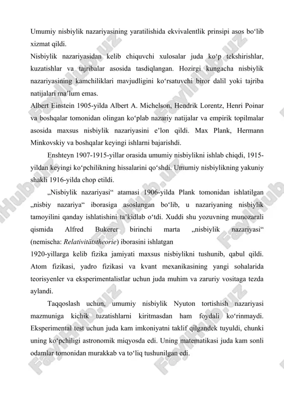 uniga kichik tuzatishlarni kiritmasdan ham foydali koʻrinmaydi. eksperimental test uchun juda kam imkoniyatni taklif qilgandek tuyuldi, chunki uning koʻpchiligi astronomik miqyosda edi. uning matematikasi juda kam sonli odamlar tomonidan murakkab va toʻliq tushunilgan edi. https://uz.wikipedia.org/wiki/nemis_tili taxminan 1960-yillarda umumiy nisbiylik fizika va astronomiyaga katta eʼtibor qaratdi. yangi riyoziy texnika umumiy nisbiylik darajasini sodda hisoblash uchun qoʻllash va uning kontseptsiyalarini yanada osonroq namoyon qildi. kvazarlar (1963), 3-kelvin mikrodalga fon radiatsiyasi (1965), pulsarlar (1967) va birinchi qora tuynuk nomzodlari (1981), kabi astronomik hodisalar aniqlangach, ular yana nazariyani tasdiqladi. biz fizikani klassik mexanikani o‘rganishdan boshlagan edik. klassik mexanika tezliklari yorug‘likning vakuumdagi tezligidan juda kichik bo‘lgan makrojismlarning harakat qonunlarini o‘rganadi, deb qayd etilgan edi. unda tezliklari yorug‘likning vakuumdagi tezligiga yaqin bo‘lgan jismlarning harakat qonunlari qanday bo‘ladi? ular klassik fizika qonunlaridan farq qiladimi, yo‘qmi? ushbu va yana tug‘iladigan bir qancha savollarga javob topish maqsadida, fizikaning eng qiziqarli bo‘limlaridan biri bo‘lgan, fazo, vaqt, materiya va harakat kabi …
