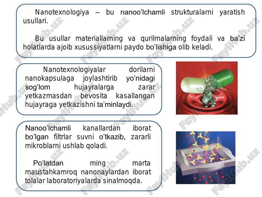 allar plastmassaga o’xshab qoladi masalan oltin va kumushning o’lchamlari katta bo’lgan namunalari inert bo’lganda atomlarini kichik guruhlari (ular klasterlar deb nomlanadi) ajoyib kataluzator vazifasini o’tadi kumushning nanozarrachalari antibakterial xossalarga ega va ular yaralarni bog’lash materiali sifatida ishlatiladi. 3. nanomateriallar nanomateriallar – nanozarrachalar yoki nanotexnologiyalar yordamida yaratilgan va o’lchamlari juda kichikligi hisobiga i ajoib xusussiyatlarga ega bo’lgan materiallar. nanomateriallarga hech bo’lmasa bitta o’lchami 1 dan 100 nm oralikda yotgan materiallar tegishli. nanotexnologiyalar bo’yicha 7-chi xalqaro konferentsiyada (wisbaden, 2004) quyidagi nanomateriallar turlari ajratilgan: - nanog’ovakli tuzilmzlar; - nanozarrachalar; - nanonaylar va nanotolalar; - nanodispersiyalar; - nanotuzilmali sirtlar; - nanokristall va nanoklasterlar. agar birorta moddaning hajmi bitta, ikkita yoki uchta koordinata bo’ylab nanomasshtabgacha kichrayib yangi xossalari paydo bo’lsa, bu jismlarni nanomateriallarga va ularni olish texnologiyalarni nanotexnologoyalarga tegishli deb hisoblash kerak. asosiy nanomateriallar uglerodli nanonaylar grafen fulleren nilufar guli asosida yaratilgan yuzalar 1985 yilda robert kerl, garold kroto va richard smolli to’satdan umuman yangi …