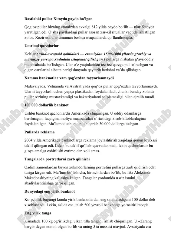 na 19 asrdagina ommaviy tus oldi. xozir ko‘pchilik odamlarga bu nafaqat xobbi, balkim foydali biznes xamdir. noyob tangalar turli auksionlarda g‘oyatda qimmatbaxo narxlarda sotiladi. elektron pullarning tarixi naqdsiz pullar allaqachon banklar tomonidan ishlatib kelinmoqda, lekin insonlar ulardan o‘tgan asrning 90-yillaridagina foydalana boshlashdi. avvaliga ko‘pchilik unga ishonchsizlik bilan munosabatda bo‘lishdi. endi esa xayotni so‘m plastik kartalarisiz, bankomatlarsiz va elektron pullarsiz tasavvur qilish amri maxol bo‘lib qoldi. qog‘oz pul qog‘ozli pulni dastlab taxminan 1000 yil ilgari, qog‘ozning vatani - xitoyda kashf qilishgan, keng ommaga bo‘lsa ikki asrdan so‘ng tarqala boshlagan pulning qadrsizlanishi pul qiymati har doim qimmatbaho metall narxi bilan chambarchas bog‘liq bo‘lgan, chunki oltin va kumush narxi doimo oshib boradi deb hisoblangan. biroq amerika kashf qilingandan so‘ng yevropaga arzon kumush oqib kela boshladi va bu holat kumush pul qiymatini qadrsizlantirib yubordi. shuningdek pul infilyasiya davrida, davlat o‘z xarajatlarini qoplash uchun hech narsa bilan (oltin) ta’minlanmagan pul bosib chiqarishni yoki asossiz kreditlar …