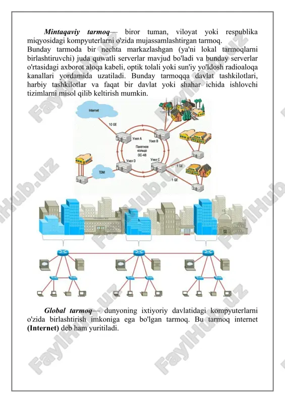 kil etuvchi kompyuter tarmog'idir. intranet boshqa kompyuter tarmoqlaridan quyidagi jihati bilan farqlanadi: bir yoki bir nechta serverdan tashkil topgan tarmoq mijozi undagi ma'lumotlardan foydalanish uchun ularning qaysi serverda, qaysi katalogda, qanday nom bilan saqlanayotganligini, ularga kirish usul va shartlarini bilishi zarur bo'ladi. internetda esa bunday noqulayliklarning oldi olingan bo'lib, uning foydalanuvchisi bunday ma'lumotlarni bilishi shart emas. bundan tashqari, internet tarmog'ida mavjud bo'lgan barcha elektron hujjatlar va ma'lumotlar omborini giperbog'lanishlar yordamida o'zaro bog'lab, yagona axborot muhiti qurish, unda qulay axborot qidiruv tizimlarini tashkil etish mumkin bo'ladi. tarmoqlarga yana bluetooth, wi-fi, wi-max kabi vositalar ham kiradi.