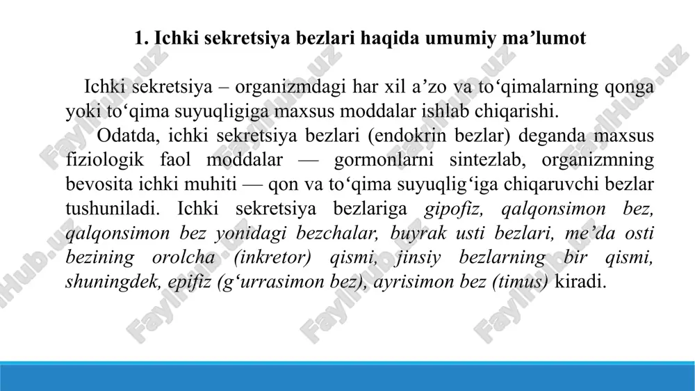 ta ikki guruhga: tashqi sekretsiya bezlari, ya’ni ekzokrin bezlar va ichki sekretsiya bezlari, ya’ni endokrin bezlarga bo’linadi. tashqi sekretsiya bezlari deb mustaqil chiqaruv yo’llari bo’lgan, o’zida hosil bo’ladigan suyuqliklar, shiralarni tana yuziga, ovqat hazm qilish kanali, siydik-tanosil yo’llariga yoki tashqi muhit bilan tutashgan boshqa bo’shliqlarga ajratadigan bezlarga aytiladi. ichki sekretsiya bezlari, ya’ni endokrin bezlar deyilganda esa mustaqil chiqaruv yo’llari bo’lmagan bezlar tushuniladi. gormonlar ta’siri uch xil yo’nalishda amalga oshadi: birinchidan, ularning ba’zilari to’qimalardagi moddalar almashinuviga ta’sir ko’rsatsa, ikkinchidan, organizmning shakllanishiga, metamorfozga, to’qima va organlar ixtisoslashishining jadallashuviga ta’sir ko’satadi. uchinchi xillari esa, organlar yoxud organizm faoliyatini o’zgartiradi. endokrin bezlar faoliyatini o’rganishda keng foydalaniladigan usullar quyidagilardir: 1. eksterpatsiya – operatsiya qilib, tegishli endokrin bezini olib tashlash va shundan keyin organizmda ro’y beradigan o’zgarishlarni kuzatish. 2. transplantatsiya – endokrin bezini ko’chirib o’tkazish (auto, gomo va getero transplantatsiya). 3. tegishli gormonni yoki endokrin bezdan tayyorlangan ekstraktlarni organizmga yuborib, kuzatiladigan o’zgarishlarni o’rganish. 4. parabioz – …