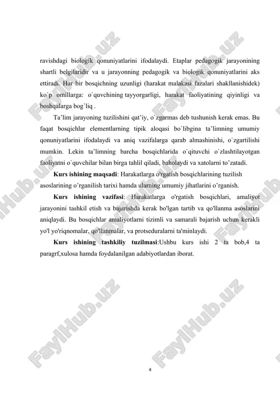 ari va xususiyatlari 1.1 jismoniy madaniyat vositalari pedagogik tushunchalar sifatida. jismoniy madaniyat vositalari, pedagogik tushunchalar bo'yicha juda muhimdir, chunki ulardan foydalanish pedagogik jarayonlarni oshirish, o'quvchilarning o'zlarini rivojlantirish va ta'lim muhitini samarali ta'minlashda o'rin oladi. quyidagi pedagogik tushunchalar jismoniy madaniyat vositalari bilan bog'liqdir.jismoniy madaniyat vositalari, har bir o'quvchi uchun individual ta'limni ta'minlashda juda muhimdir.[footnoteref:2] bu vositalar o'quvchilarning har birining shaxsiy rivojlanish darajasiga mos keladi va ularning o'zlarini ifoda etish, jismoniy va ma'naviy rivojlantirishlari uchun imkoniyat yaratadi.jismoniy madaniyat vositalari, o'quvchilarga nazariy bilimlarni amaliyotga o'tkazish va o'quvchilarning ko'nikma va qabiliyatlarini rivojlantirishda juda samarali bo'lishi mumkin. masalan, sport inventarlarini qo'llash orqali o'quvchilarni jismoniy salohiyatlarini oshirish, jamoatchilikka qatnashish va jamoatchilik qoidalari bilan tanishishga yordam beradi.jismoniy madaniyat vositalari, o'quvchilarga tartib, tuzilma va samarali ishchi qoidalar bilan tanishish orqali disciplinani o'rgatishga yordam beradi. masalan, sport mashg'ulotlari orqali jismoniy faollikda qatnashish, jamoatchilik ruhini rivojlantirish va jamoat bilan birgalikda ishlashni o'rganish uchun yaxshi bir vositadir.jismoniy madaniyat vositalari, o'quvchilarning o'zlarini …