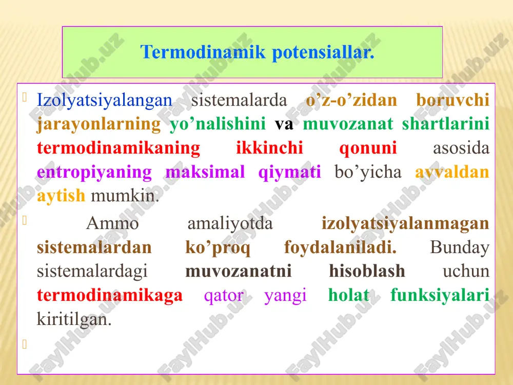 u - ts ular ham holat funktsiyalari bo’lgani uchun δg = δh - tδs δf = δu - tδs bu potentsiallar sistemaning ish qobiliyatini belgilaydi, ya’ni, energiyaning ishga aylangan qismini ko’rsatadi: - δg = ap - δf = av demak, o’z-o’zidan boruvchi qaytmas jarayonlarda gibbs va gelmgolts energiyalari kamayishi kuzatiladi. muvozanat xolatida sistema minimum gibbs (gelmgolts) energiyasiga ega bo’ladi. ya’ni, dgp, t=0 va dfv, t=0 yuqoridagi ifodalardan, gibbs energiyasi izobarik-izotermik jarayonlarda va gelmgolts energiyasi (izoxorik-izotermik jarayonlarda) jarayonlarning yo’nalishi va muvozanat shartlarini belgilovchi mezon bo’lib xizmat qilar ekan. gibbs funksiyasi - o`z-o`zicha boradigan jarayonlarda gibbs funksiyasining qiymati kamayadi, ya`ni, jarayon gibbs funksiyasining kamayishi tomon boradi. gibbs funksiyasi minimum qiymatga ega bo`lganda, muvozanat qaror topadi. termodinamik muvozanatning sharti quyidagicha: dg=0; dg > 0 gelmgols energiyasining tenglamasi qaytar jarayon uchun: izoxorik va qaytmas jarayonlar uchun: df 0 laboratoriyada tajribalarni bajarmasdan oldin δg ni hisoblab topishning katta foydasi tegishi mumkin! biz koʻpincha reaksiya maʼlum …