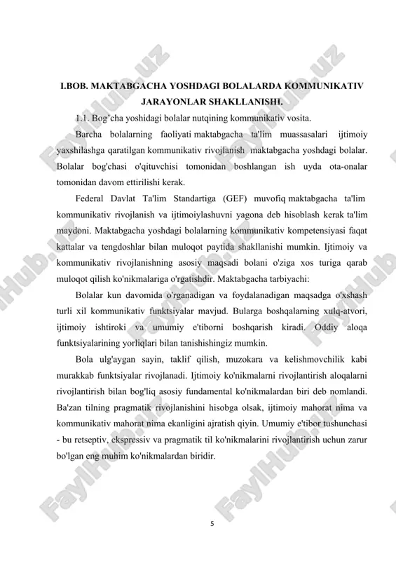 lidan nosituativ bilishga yo’naltirilgan va nosituativ - shaxsiy muloqot shakliga o’tilishi bolalar nutqiga ma’lum bir talablami qo’yadi. bu talablar bola nutqining yangi-yangi tomonlarini, turli kommunikativ masalalami hal qilishi uchun zarur bo’lgan xususiyatlami tarkib toptiradi. bog'cha yoshidagi bolaning nutqi ijtimoiy aloqalami o’matish funksiyasini bajara boshlaydi. buning uchun esa bolada ichki nutq tarkib topishi, monologik xususiyat kasb etib borishi lozim bo'ladi. bog’cha yoshda bola nutqining rivojlanishidagi muhim xususiyat nutq tafakkur quroliga aylanishidan iborat. bola so’z-lug’at boyligining o’sishida 2 muhim tomon - miqdor va sifat tomonlaii mavjud. lug’at boyligining miqdoriy o'sishi i).b.elkoninning ko’rsatishicha, bevosita bolaning hayot sharoitlari va tarbiyalanish xususiyatlariga bog’liq. so’nggi yillarda u yoki bu yoshdagi bolalar nutqining lug’at tarkibini o’rganishga bag’ishlangan tadqiqotlarda awalgi tadqiqotlarga nisbatan yuqoriroq miqdoriy ko’rsatkichlar aniqlandi. jumladan, v.loginaning ma’lumotlariga ko'ra. 3 yoshga kelib, bola lug’atida 1200 ta so’z mavjud bo’ladi, 6 yoshli bolaning aktiv lug’ati esa 3000-3500 so’zni o’z ichiga oladi. vaholanki, 40-60 yil oldin o’tkazilgan tadqiqotlarda 3 …