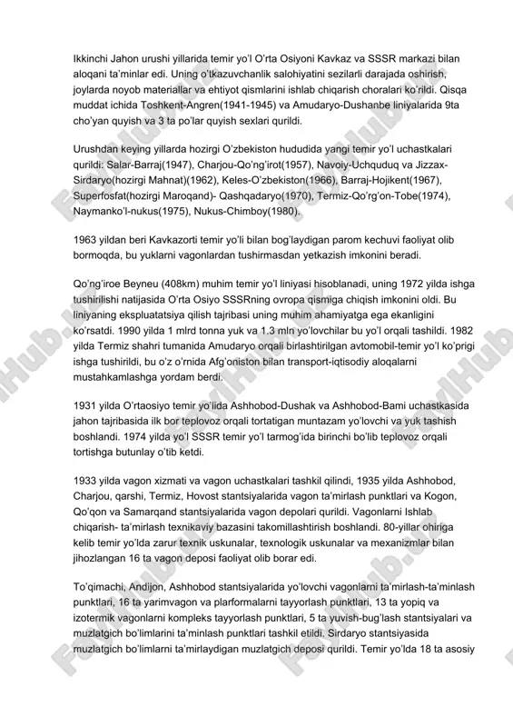 mir yo’lda depo, toshkentda temir yo’l ustaxonasi qurildi, 25 ta bilim yurti ochildi. barcha temiryo’l liniyalarining uzunligi 2740 km ni tashkil etdi. temir yo’lning texnik jihozlanishi past darjada edi: harakatlanuvchi tarkib o,sh, n rusumli kamquvvatli parovozlar va vint tirkamali va qo’l tormozli ikki o’qli yog’och vagonlar bilan berilgan edi; yo’lga yog’och shpala va qum asosli yengil turdagi relslar qo’yilgan edi; nomukammal signalizatsiya va aloqa(jezl tizimi va telegraf) tizimlari ishlatilgan; temir yo’l stansiyalari yetarli rivojlanmadi. peregonlar sutkasiga 2 juftdan 12 juftgacha massasi 600 tonnadan ortiq bo’lmagan poezdlarni o’tkazardi, uchastka tezligi soatiga 13 km ni tashkilqilardi. sovet hukumati davrida o’rtaosiyo temir yo’llari uzbek ssr, turkman ssr, tojik ssr, qisman qirg’iz ssr temir yo’llari tarmoqlarini birlashtirar edi. temir yo’l boshqarmasi toshkentda joylashgan edi. o’tgan asrning 20-yillarida va undan keyinroq o’rtaosiyo temit yo’llarida qayta qurish ishlari olib borildi.yangi liniyalar qurildi: amudaryo-termiz(1925), termiz-jarqo’rg’on va farg;ona-qizil-qiya(1926), andijon-tentyoqsoy(1927), jarqo’rg’on-dushanbe, dushanbe-yangi-bozor, asaka-shahrixon, qorasu-o’sh, jalolobod-ko’k-yong’oq(1928-1932 yillar), konibodom-sho’rob(1933), uchqo’rg’on-toshko’mir(1935). ikkinchi …