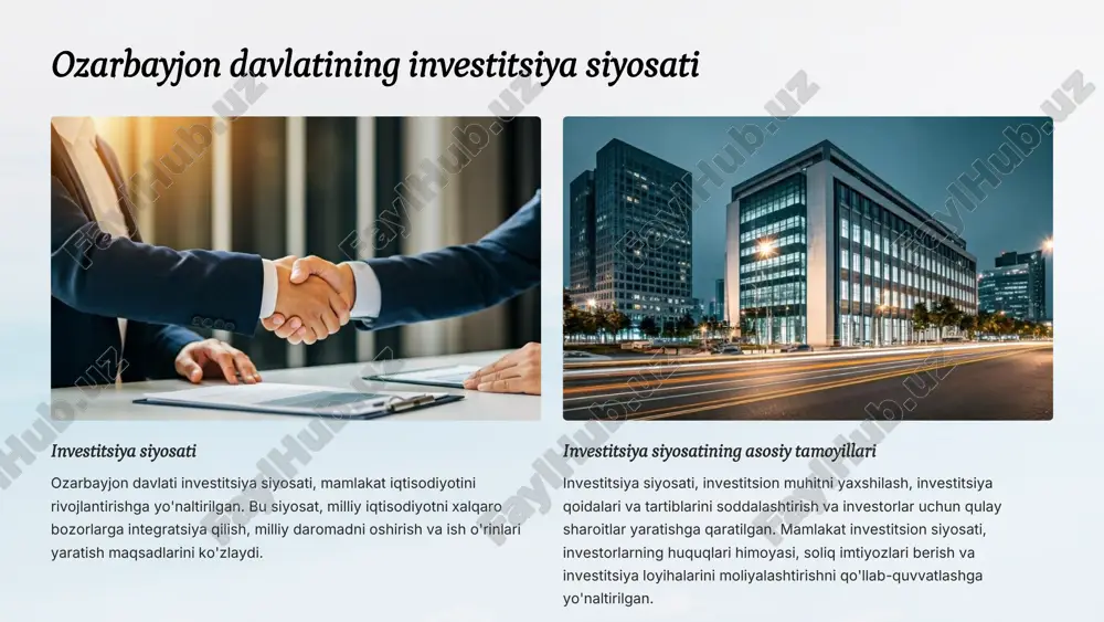 oshiradi. iqtisodiy rivojlanish ozarbayjonning tez sur'atlarda rivojlanayotgan iqtisodiyotini hisobga olgan holda, investitsiyalar uchun katta imkoniyatlar ochiladi. ozarbayjon investitsiya loyihalarining asosiy yo'nalishlari ozarbayjon investitsiya loyihalarining asosiy yo'nalishlari - energiya, turizm, qishloq xo'jaligi, infratuzilma, sanoat, texnologiya va xizmat ko'rsatish sohasi. ushbu sohalar iqtisodiyotni diversifikatsiya qilish va rivojlantirish uchun keng imkoniyatlar taqdim etadi. energetika neft va gaz qazib olish va qayta ishlash loyihalari investitsiyalar uchun muhim yo'nalish hisoblanadi. turizm mehmonxonalar, kurortlar, sayyohlik markazlari va infrastruktura loyihalari investitsiyalarni jalb qilmoqda. sanoat qayta ishlash sanoati, metallurgiya va boshqa sanoat tarmoqlari investitsiyalar uchun katta salohiyatga ega. infratuzilma yo'l, temir yo'l, energiya va aloqa tarmoqlari rivojlanishi investitsiyalarni talab qiladi. ozarbayjon investitsiya loyihalarini moliyalashtirish manbaalari ozarbayjon investitsiya loyihalarini moliyalashtirish uchun turli xil manbalar mavjud - xorijiy to'g'ridan-to'g'ri investitsiyalar, grantlar, kreditlar va davlat investitsiyalari. turli moliyalashtirish manbalaridan foydalanish investitsiya loyihalarining samaradorligini oshiradi. xorijiy to'g'ridan-to'g'ri investitsiyalar xalqaro investorlarning bevosita kompaniyalarga yoki loyihalarga investitsiyalari grantlar xorijiy davlatlar va tashkilotlar tomonidan beriladigan …