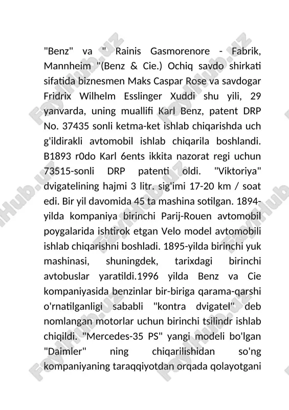 26-yilda firma, beenz & co. avtomobillarida, yuk mashinalari va omnibularda ishlab chiqarilgan 47555 avtomobil ishlab chiqargan. daimler-motoren-gesellschaft 1883-yil dekabrda daimler o'zlarining "gazli dvigatelini r-trubkasi, drp №28022dan tutib turishdi" va "drenajli vagonchadan foydalanib, vosita inqiloblari" tizimi uchun 28243-sonli drpga ega bo'ldi. ushbu ikki patent birinchi bo'lib, neporo yuqori tezlikli ro ro va ra teli ichki qahramon cr uchun asos bo'lib xizmat qildi. 1885 yilga kelib daimler reitwagen ("ot aravachasi") "ra3 yoki benzinli dvigatel bilan" ro'yxatdan o'tgan. 36423-yilda, 1889-yilda roniyda yangi ikki silindrli v-dvigatel paydo bo'ldi, u 1,5 litr kuchini oshiradi. v. 600 rpm da 1890-yil bahorda rona orqali vilgelm maybach birinchi qurdirdi! 4-chi, silindrli, to'rtburchak abig renb. avtomobil og'irligi 153 kilogrammni tashkil etdi va 620 rpmda 5 litrni tashkil etdi. 1890 yil 28 noyabrda gottlieb daimler sheriklari bilan. wilhelm maybach va max duttenhofer (max duttenhofer), "daimler - motor-autokorrect 2 24k6 coss 21 01 duttenhofer (it.max duttenhofer), bad-kanstatdagi (shtuttgart) daimler-motor-gesellschaft kompaniyasini to'rt …