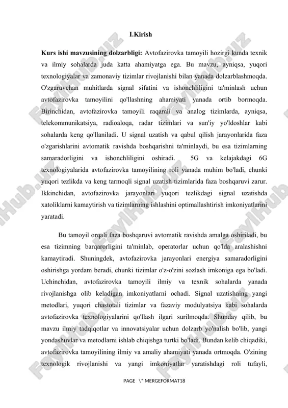 kama qilinadi. bu ishning maqsadi avtofazirovka tamoyilining nazariy va amaliy jihatlarini chuqur o‘rganish orqali uning texnik imkoniyatlari, samaradorligi va kelajakda qo‘llanilishi haqida tushuncha hosil qilishdir. kurs ishi vazifasi: · avtofazirovka tamoyilining asosiy tushunchalari · avtofazirovka tamoyilining matematik asoslari · avtofazirovka tamoyilining amaliy qo'llanilishi kurs ishi hajmi: kurs ishi kirish, asosiy qism, xulosa va foydalanilgan adabiyotlar ro’xatidan iborat bo’lib, hajmi 15 bet. 2.1. avtofazirovka tamoyilining asosiy tushunchalari avtofazirovka bu yuqori chastotali elektromagnit tebranishlarda, ayniqsa, sinxron zaryadlangan zarrachalarni tezlatish tizimlarida, fazani avtomatik tarzda saqlab turish va unga moslashishdir. bu jarayon, asosan, zarrachalar sinxronlashtirilgan elektr maydoniga kirganda ularning fazaviy pozitsiyasini avtomatik nazorat qilishni ta’minlaydi. bu hodisa ayniqsa sinxrotronlar, fazotronlar, chiziqli tezlatkichlar kabi zarracha tezlatkichlarida muhim rol o‘ynaydi. fizik nuqtai nazardan, avtofazirovka harakatlanuvchi zaryadning energiya olish fazasiga kirishini avtomatik boshqarish orqali ularning chastotali maydon bilan sinxron harakatini ta’minlashdir. zaryadlangan zarracha harakatlanayotgan elektr maydon fazasi o‘zgarayotgan bo‘lsa ham, tizim ichida maxsus sharoitlar yaratilib, zarracha doimiy …