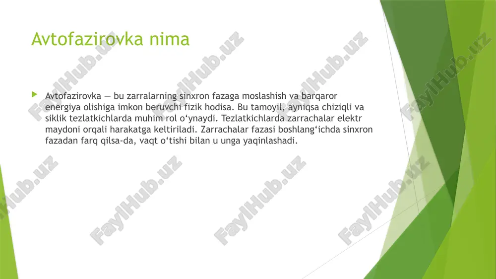 r sinxron tarzda tezlashadi va energiyasi ortib boradi. avtofazirovkaning fandagi ahamiyati va qo’llanilishi avtofazirovka tamoyili tezlatkichlar fizikasi fanida zarrachalarni boshqarish, tezlatish va sinxronlashtirishda asosiy vosita sifatida xizmat qiladi. bu tamoyil yordamida zaryadlangan zarrachalarning elektr maydon bilan beriladigan energiya bilan sinxron harakatlanishi ta’minlanadi. ayniqsa, siklotron, sinxrotron, lineer va synxrosiklotron kabi zarracha tezlatkichlarida bu prinsip asosiy boshqaruv mexanizmlaridan biri hisoblanadi. tezlatkichlarda zarracha tezligi ortib borgani sari ularning aylanish davri ham o‘zgaradi. avtofazirovka esa elektr maydon chastotasini zarracha harakatiga muvofiq tarzda avtomatik moslashtirib turadi. qo’llanilishi avtofazirovka yordamida yuqori aniqlikda ishlovchi tibbiy akseleratorlar, radioaktiv izotoplar ishlab chiqaruvchi qurilmalar va fundamental ilmiy tadqiqotlar olib boruvchi zarracha kollayderlari ishlaydi. ayniqsa, proton terapiyasi kabi aniq yo‘naltirilgan nurlanish terapiyalarida zarrachalarning fazaviy nazorati asosiy ahamiyatga ega. bundan tashqari, avtofazirovka tamoyili sun’iy yo‘ldosh aloqasi, radio uzatgichlar va chastota stabilizatsiyasida ham keng qo‘llaniladi. xulosa avtofazirovka tamoyili zamonaviy tezlatkichlar fizikasi fanining ajralmas qismidir. bu tamoyil yordamida zarrachalarning fazasi va chastotasi aniqlik bilan …