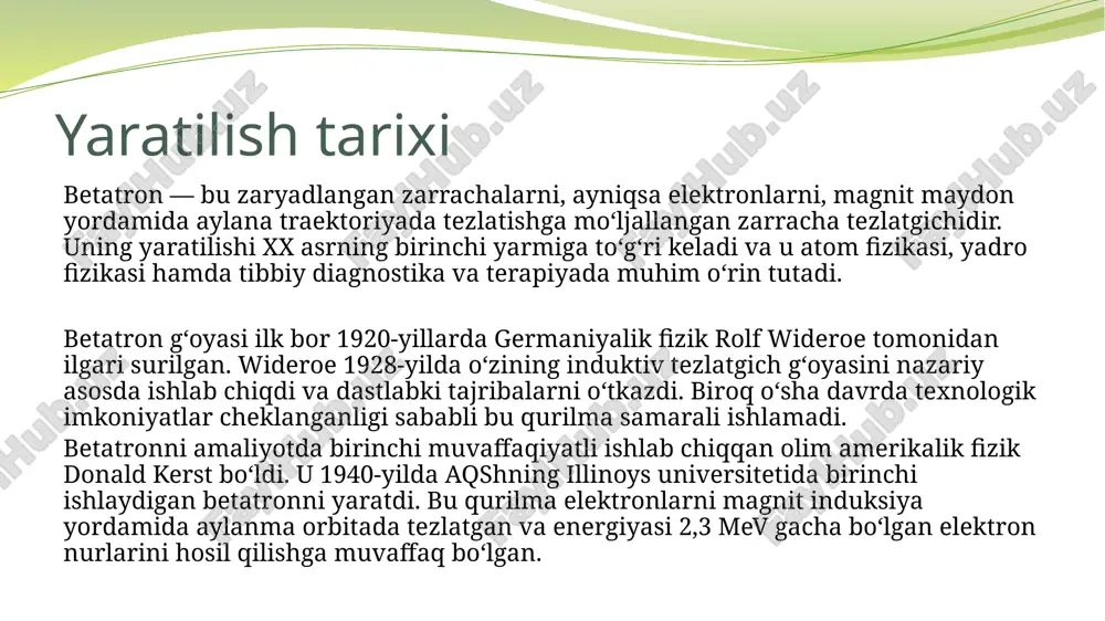 og’ir qurilma. 4.sovutish tizimi zarurati-uzoq vaqt ishlaganda issiqlik hosil bo’ladi, shuning uchun qo’shimcha sovutish tizimi kerak bo’ladi. xulosa: betatron — yuqori energiyali elektronlar yordamida rentgen nurlari hosil qiluvchi zamonaviy tezlatkich bo‘lib, u fan va texnikaning turli sohalarida keng qo‘llanilmoqda. bu qurilma tibbiyotda chuqur joylashgan o‘smalarni nurlantirib davolash, sanoatda esa metall va beton konstruksiyalarning ichki tuzilishini buzilmasdan tekshirish imkonini beradi. betatronning yuqori aniqligi, nurlanish chuqurligi va nazorat qulayligi uni yadro fizikasi, sanoat diagnostikasi hamda tibbiy terapiyada muhim vositaga aylantirgan. kelajakda ham bu qurilma yangi texnologiyalar bilan uyg‘unlashib, ilm-fan va amaliyotda yanada kengroq qo‘llanishi kutilmoqda. foydalanilgan adabiyot va saytlar: https://byjus.com/physics/betatron https://byjus.com/physics/betatron/?utm_source betatron | geeksforgeeks (https://www.geeksforgeeks.org/betatron/) e’tiboringiz uchun raxmat! image2.png image3.png image4.png