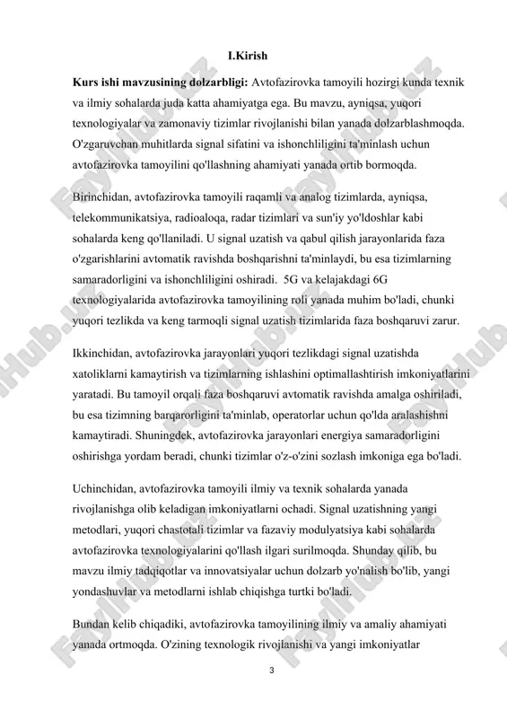 g maqsadi avtofazirovka tamoyilining nazariy va amaliy jihatlarini chuqur o‘rganish orqali uning texnik imkoniyatlari, samaradorligi va kelajakda qo‘llanilishi haqida tushuncha hosil qilishdir. 5 kurs ishi vazifasi:  avtofazirovka tamoyilining asosiy tushunchalari  avtofazirovka tamoyilining matematik asoslari  avtofazirovka tamoyilining amaliy qo'llanilishi kurs ishi hajmi: kurs ishi kirish, asosiy qism, xulosa va foydalanilgan adabiyotlar ro’xatidan iborat bo’lib, hajmi 15 bet. 6 2.1. avtofazirovka tamoyilining asosiy tushunchalari avtofazirovka bu yuqori chastotali elektromagnit tebranishlarda, ayniqsa, sinxron zaryadlangan zarrachalarni tezlatish tizimlarida, fazani avtomatik tarzda saqlab turish va unga moslashishdir. bu jarayon, asosan, zarrachalar sinxronlashtirilgan elektr maydoniga kirganda ularning fazaviy pozitsiyasini avtomatik nazorat qilishni ta’minlaydi. bu hodisa ayniqsa sinkrotronlar, fazotronlar, liniyali tezlatkichlar kabi zarracha tezlatkichlarida muhim rol o‘ynaydi. fizik nuqtai nazardan, avtofazirovka harakatlanuvchi zaryadning energiya olish fazasiga kirishini avtomatik boshqarish orqali ularning chastotali maydon bilan sinxron harakatini ta’minlashdir. zaryadlangan zarracha harakatlanayotgan elektr maydon fazasi o‘zgarayotgan bo‘lsa ham, tizim ichida maxsus sharoitlar yaratilib, zarracha doimiy ravishda …
