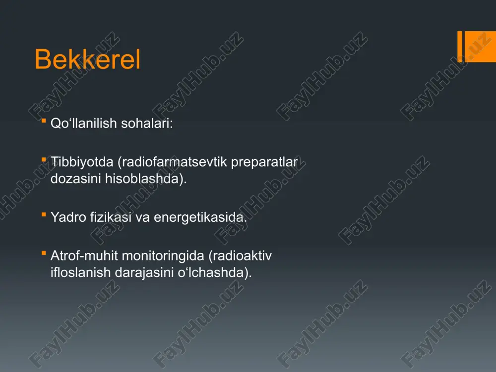 materiallarga biologik ta’sirini o‘rganishda. zivert zivert (sv) — bu ionlashtiruvchi nurlanishning biologik ta’sirini o‘lchash uchun ishlatiladigan xalqaro tizim (si) birligi. u shved fizigi rolf zivert (rolf sievert) sharafiga nomlangan. zivert birligi turli xil nurlanishlarning inson organizmi va boshqa tirik mavjudotlarga biologik ta’sirini baholashda ishlatiladi. rolf zivert 1896-yil 6-mayda shvetsiyaning stockholm shahrida tugʻildiu fizikani o‘rgangan va nurlanish fizikasi sohasiga ixtisoslashgan. tibbiyot va biologiya sohasida radiatsiyaning inson organizmiga ta’sirini o‘rganishga alohida e'tibor qaratgan. zivertning asosiy ta'rifi: 1 zivert (sv) — bu 1 kilogramm material yoki to‘qimada 1 joule energiya yutilishining biologik ekvivalenti. formulaviy ifoda: h = d*q*n : ekvivalent doza (sievert). : yutilgan doza (grey). : nurlanishning sifat koeffitsiyenti (har bir nurlanish turiga xos). : nurlanishning biologik ta’sir koeffitsiyenti (to‘qimalarga bog‘liq). zivertning xususiyatlari: 1. sifat koeffitsiyenti (): turli xil nurlanishlarning biologik ta’siri har xil bo‘lgani sababli, qiymati quyidagicha bo‘lishi mumkin: gamma va beta nurlanishi: neytronlar: alfa nurlanishi: 2. qo‘llanilishi: tibbiyot: tibbiy diagnostika …