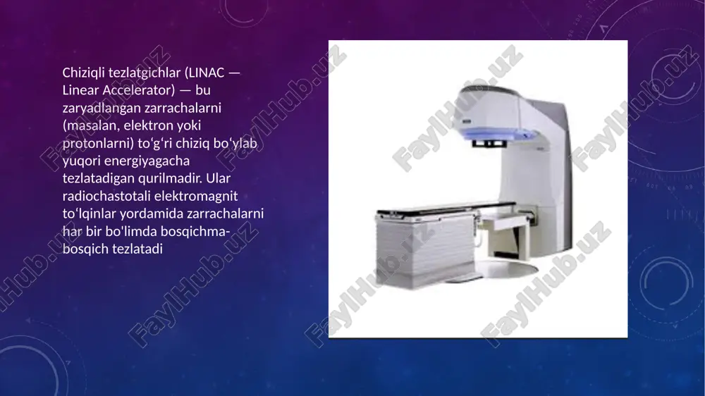 i 1. varian truebeam yo‘nalishi: tibbiy (onkologik radioterapiya) vazifasi: o‘smalarni yuqori aniqlikda nurlantirish, real vaqtli tasvirlash imkoniyati mavjud. afzalligi: har xil energiyali foton va elektron nurlarini ishlab chiqaradi 2. elekta infinity yo‘nalishi: radioterapiya xususiyati: multileaf kollimator va imrt (intensity-modulated radiation therapy) qo‘llaniladi. qo‘llanilishi: turli shakldagi o‘smalarni aniqlik bilan nurlantirish. 3. slac (stanford linear accelerator center) – aqsh yo‘nalishi: ilmiy tadqiqotlar uzunligi: 3.2 km (eng uzun chiziqli tezlatgichlardan biri) maqsadi: elektronlar va pozitronlarni tezlashtirish orqali zarralar fizikasi bo‘yicha tadqiqotlar o‘tkazish 4. linac4 – cern (yevropa yadro tadqiqot markazi) yo‘nalishi: ilmiy, cerndagi katta hadron kollayderiga protonlar yetkazish uchun boshlang‘ich bosqich energiya: 160 mev gacha protonlarni tezlashtiradi 5. accuray radixact yo‘nalishi: tibbiyot (cyberknife texnologiyasi bilan birgalikda) xususiyati: yuqori aniqlikdagi robotlashtirilgan nurlanish terapiyasi foydalanilgan adabiyotlar: 1.https://de.slideshare.net/slideshow/linac-ppt/44821841 2.https://oncologymedicalphysics.com/introduction-to-clinical-linear- accelerators/ 3.https://en.wikipedia.org/wiki/linear_particle_accelerator 4 .chatgpt chiziqli tezlatkichlar . reja: slide 3 slide 4 1-avlod chiziqli tezlatgichlari kam energiyali fotonlar (4–8 m slide 6 chiziqli tezlatgichlarning asosiy operatsion komponentlari …