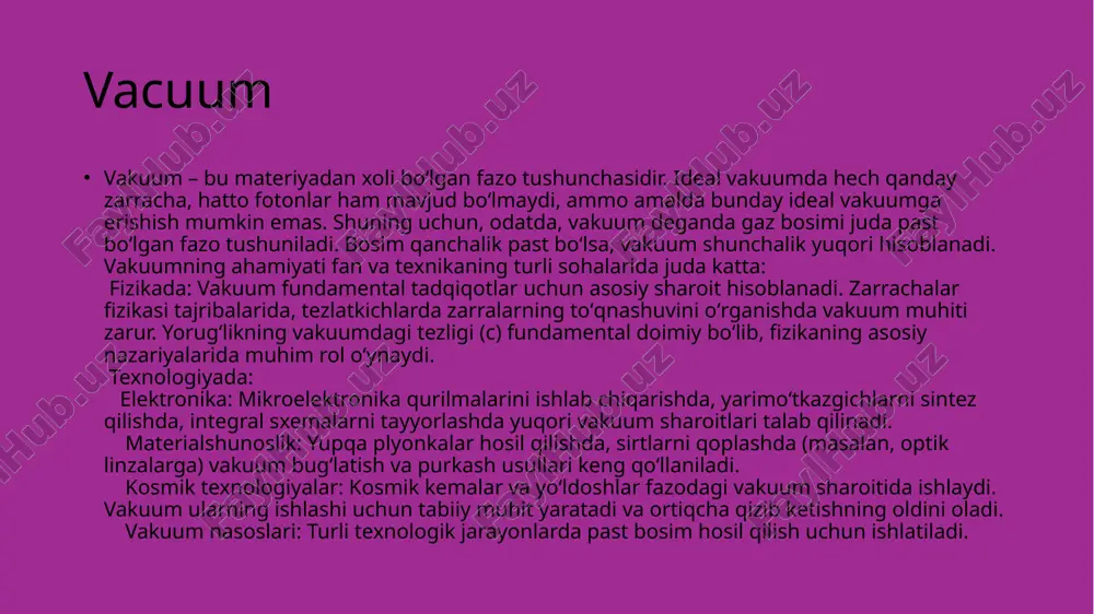 zimdagi gaz miqdorini kamaytiradi. misollar: plastinkali-rotorli (rotary vane) nasoslar, pistonli nasoslar, “roots” nasoslari, diafragmali nasoslar. diffuz nasoslar diffuzion nasos yuqori vakuum hosil qilish uchun ishlatiladigan bir turdagi vakuum nasosidir. uning ishlash prinsipi boshqa turdagi nasoslarnikidan farq qiladi. diffuzion nasosning asosiy vazifasi – bu tizimda yuqori vakuum (high vacuum, hv) va o'ta yuqori vakuum (ultra high vacuum, uhv) diapazonlariga yaqin bosimlarni hosil qilish va saqlab turishdir. ular odatda atmosfera bosimiga qarshi ishlay olmaydi, shuning uchun ular ishga tushirilishidan oldin tizim forvakuum nasosi yordamida oldindan past bosimga tushiriladi. diffuz nasoslar image1.jpeg image2.jpeg image3.jpeg image4.jpeg image5.jpeg image6.jpeg image11.png image12.png image13.png image14.png image15.png image16.png image17.png image18.png image19.png image20.png image7.png image21.png image22.png image23.png image24.png image8.png image9.png image10.png /docprops/thumbnail.jpeg