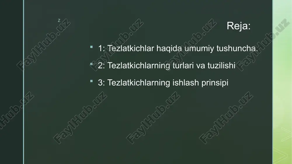 rqali chegaralangan. nishonga kelib tushayotgan zarrachalarni kuzatish uchun monitor detektori o’rnatilgan. z videro tezlatkichi z 1924- yillarda dreyf trubkalariga asosan chiziqli rezonans tezlatkichlari taklif qilindi va bir nechta tezlatkichlar qurildi. yuqori chastotali generatorda ishlaydigan tezlatkichining ishlash prinsipi bilan tanishib chiqamiz. bu tezlatkichlarda elektr maydon ta’sirida tezlashtiriladi. bunda rezonans tezlanish prinsipi qo’llaniladi tezlashtirishda. bunda biz pratonlarni tezlashtiramiz. trubkasimon elektrodlarining uzunligi pratonlar harakat yo’nalishi bo’ylab kattalashib boradi. z etiboringiz uchun raxmat z image4.jpeg image5.jpeg image6.jpeg image7.jpeg image2.png image3.png /docprops/thumbnail.jpeg