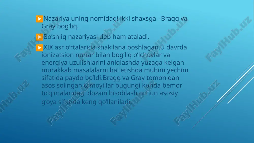 aniqligi juda yuqori,lekin, hisoblash vaqti uzoq foydalanilgan adabiyot va saytlar: http://wikipedia.org http://aapm.org http://academia-lab chatgpt http://wikipedia.org/ http://aapm.org/ http://academia-lab/ bragg-gray nazariyasi slide 3 slide 4 slide 5 slide 6 slide 7 slide 8 slide 9 slide 10 slide 11 slide 12