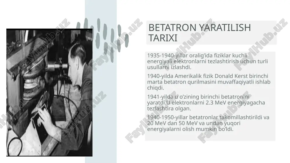 etatron/ ?utm_source • betatron | geeksforgeeks (https:// www.geeksforgeeks.org/betatron/) https://byjus.com/physics/betatron https://byjus.com/physics/betatron/?utm_source https://byjus.com/physics/betatron/?utm_source https://www.geeksforgeeks.org/betatron/ https://www.geeksforgeeks.org/betatron/ thank you betatron reja: betatron yaratilish tarixi slide 4 betatron nima 1)elektronlar vakuumli kamerada doira bo'ylab harakatlanadi. 2) betatronning tibbiyotdagi o’rni betatronda rentgen nurlari qanday hosil bo’ladi? betatronning sanoatdagi asosiy qo’llanishi afzalliklari: yuqori energiyali elektronlar: bet xulosa tibbiyotda hozirgi kunda rentgen nurlari is foydalanilgan adabiyot va saytlar thank you