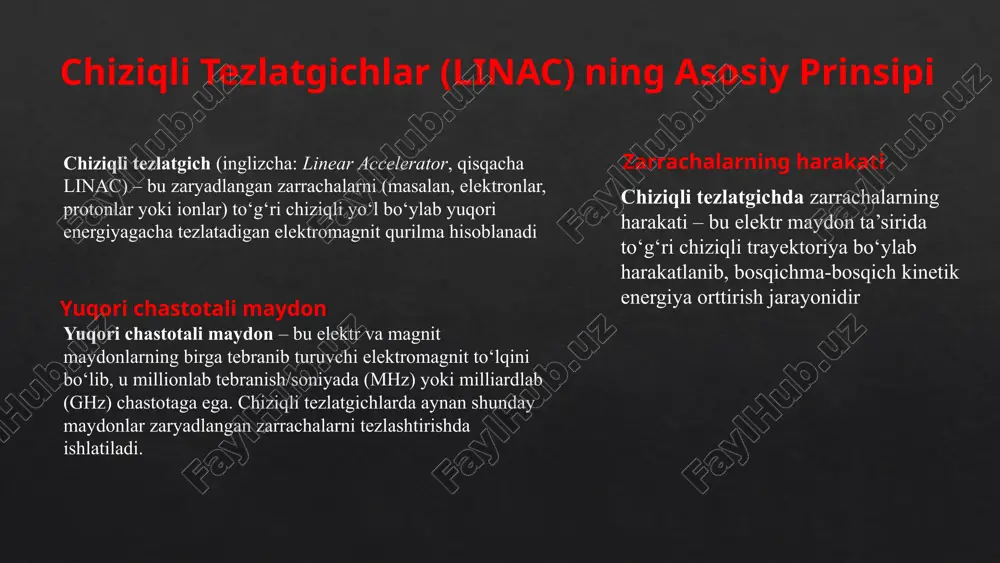 maqsad qilinadi. imrt — bu yuqori energiyali nurlarning intensivligini va yo‘nalishini kompyuter yordamida avtomatik modulyatsiyalash usulidir. bu texnologiya yordamida radioterapiya nurlarining qattiq va yumshoq to‘qimalarga ta’sirini optimallashtirish mumkin stereotaktik radioterapiya — bu yuqori aniqlikdagi nurlash usuli, unda konsentrik nurlar aniq maqsadga yo‘naltiriladi. bu usul odatda beynaning kichik va joylashgan o‘chog‘iga aniq ta’sir qilishda ishlatiladi. izotop ishlab chiqarish — bu atom yadro texnologiyalaridan foydalanib, radioaktiv izotoplarni olish jarayonidir. izotoplar tibbiyotda, sanoatda, ilmiy tadqiqotlarda va energiya ishlab chiqarishda keng qo‘llaniladi. chiziqli tezlatgichlarning afzalliklari va kamchiliklari afzalliklari kamchiliklari qisqa o‘lchamlar kampakt dizayn oson nazorat yuqori ishlab chiqarish energiyasi keng qo`llanish doirasi qimmat narx keng o`rnatish talablari o`rnatish vaqti va murakkabligi sog‘lom to‘qimalarga zarar yetkazish kelajakdagi rivojlanish tendensiyalari yuqori samaradorlik yangi materiallar xarajatlarni kamaytirish yuqori samaradorlikni ta'minlashda eng muhim omil tezlatgichning dizaynidir. yangi avlod chiziqli tezlatgichlar optimal shakl va materiallardan foydalangan holda ishlab chiqilgan, bu zarrachalarni minimal energiya yo‘qotish bilan tezlatish imkonini beradi. yangi …