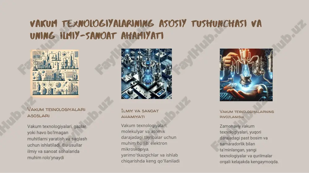 ashini ta’minlaydi, texnologik muhitda muhim.‌ ilmiy tadqiqotlar va texnologiya. laboratoriya va ilmiy asboblarda vakuum nasoslari yuqori sifatli tajribalar uchun, xususan, kvant fizikasi va materialshunoslikda muhimdir.‌ tibbiyot sohasida qo‘llanilishi. tibbiyotda vakuum nasoslari jarrohlik, diagnostika va sterilizatsiya uchun keng qo‘llaniladi, bu esa xavfsizlik va samaradorlikni oshiradi. forvakum nasoslarining turli sohalardagi qo‘llanilishi va amaliy misollar‌ ● loading...‌ submit‌ diffuz nasoslarning asosiy vazifalari va funktsional imkoniyatlari vazifalarining asosiy yo‘nalishi diffuz nasoslar gazlarni chuqur va samarali tarzda siqib chiqarish, vakuum hosil qilish va turli sanoat jarayonlarida yuqori darajadagi vakum yaratishda muhim vazifa bajaradi. funktsional imkoniyatlari .ular keng qamrovli ishlash imkoniyatlariga ega bo‘lib, gaz oqimlarini nazorat qilish, vakuum darajasini boshqarish va qattiq muhitda ishonchli ishlash uchun mo‘ljallangan. diffuz nasoslar tibbiyot, kosmik ilm, yarimo‘tkazgich sanoati va ilmiy tadqiqotlarda yuqori sifatli vakum hosil qilish uchun keng qo‘llaniladi, ularning samaradorligi yuqori. amaliy qo‘llanilishi uyg‘unlik sohalari va texnologik muhitda diffuz nasoslarning roli sanoat va ilmiy sohalar .diffuz nasoslar, kimyo, metallurgiya …