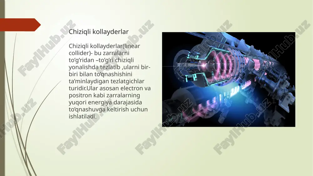 ir. shuning uchun, katta adron kollayderidagi proton-proton to‘qnashuvlariga nisbatan, clic’dagi elektron-pozitron to‘qnashuvlari higgs bozoniga oid aniqroq va to‘ldiruvchi ma’lumotlarni taqdim eta oladi. . kompakt chiziqli kollayder (compact linear collider — clic) — bu yuqori energiyali zarrachalarni, masalan, elektron va pozitronlarni bir- biriga qarama-qarshi yo'nalishda tezlatib, ularni to'qnashishini ta'minlaydigan ilmiy asbobdir. uning ishlash prinsipi quyidagicha: 1.zarrachalar manbai: elektronlar va pozitronlar alohida manbalardan olinadi. elektronlar manbai elektronlarni chiqaradi, pozitronlar manbai esa pozitronlarni .2. tezlatish: har bir zarracha alohida chiziqli tezlatgichda (linear accelerator) yuqori energiyaga yetkaziladi. bu tezlatgichlar zarrachalarni to'g'ri chiziqda tezlatadi, bu esa ularning tezligini yorug'lik tezligiga yaqinlashtiradi .3. to'qnashuv nuqtasi: tezlatilgan elektron va pozitron zarracalar to'qnashuv nuqtasida bir-biriga qarama-qarshi yo'nalishda kelib, to'qnashadi. bu to'qnashuv natijasida yangi zarrachalar paydo bo'ladi, ular kvant fizikasining fundamental qonunlarini o'rganish uchun tahlil qilinadi .4. detektorlar: to'qnashuv natijasida paydo bo'lgan zarrachalar detektorlar yordamida aniqlanadi va o'rganiladi. detektorlar zarrachalarning yo'nalishi, energiyasi va boshqa xususiyatlarini o'lchaydi .5. ma'lumotlarni tahlil …