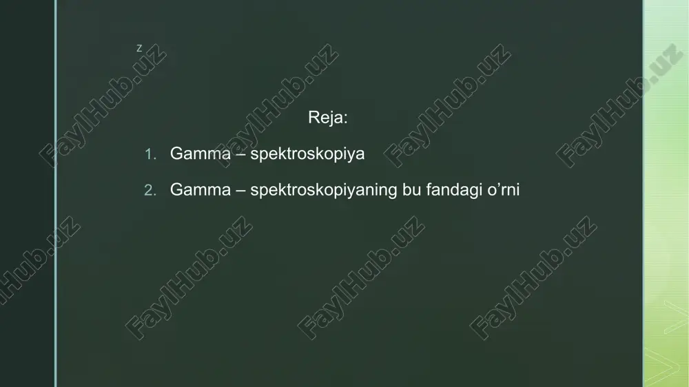 ashtirish -gamma spektroskopiyasi yordamida olingan ma'lumotlar asosida nurlanish dozasining taqsimoti va ta'sirini yanada aniqroq baholash mumkin. z gamma-kamera gamma-kamera tibbiyotda nurlanish manbalarini aniqlash va ularning ta'sirini o'rganishda qo'llaniladi. z gamma-kamera yordamida suyak skaneri suyaklardagi o'zgarishlarni aniqlash uchun gamma-kamera yordamida skanerlash usuli qo'llaniladi.​ z ishlash prinsipi rentgen nurlarini yuborish- skaner suyak va atrofdagi yumshoq to'qimalarga ikki xil energiyali rentgen nurlarini yuboradi. ​nurlarni so'rish va o'lchash- suyaklar va yumshoq to'qimalar ushbu nurlarni turlicha darajada so'radi. skaner qurilmasi yuborilgan va o'tgan nurlarni o'lchaydi.​ ma'lumotlarni tahlil qilish- olingan o'lchovlar asosida kompyuter tizimi suyaklarning mineral zichligini hisoblab chiqadi. ​natijalarni taqdim etish- hisoblangan suyak zichligi ko'rsatkichi asosida, suyaklarning sog'lig'i haqida ma'lumot beriladi va zarur bo'lsa, davolash choralarini belgilash mumkin . bu usul bemorga minimal radiatsiya ta'siri bilan tez va aniq tashxis qo'yishga imkon beradi. suyak densitometriyasi odatda bel, son yoki bilak kabi suyaklarda amalga oshiriladi. z gamma spektroskopiya diagrammasi ushbu diagramma gamma spektroskopiyasining asosiy komponentlarini va …