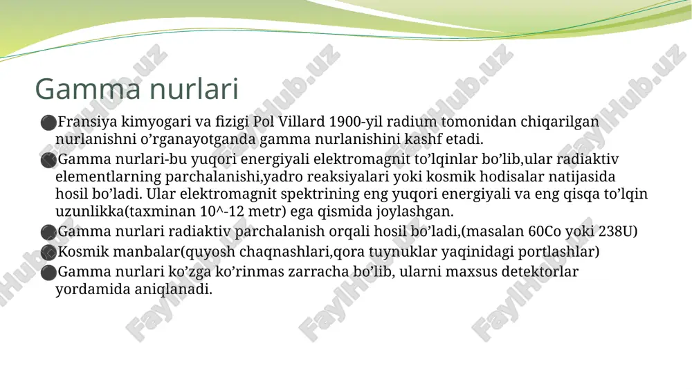 irga to’lqin uzunligi ham kattalashadi. juftlik hosil bo’lishi ⚫juftlik hosil bo’lishi-bu yuqori energiyali gamma ⚫ fotonning energiyasi modda ichida electron va ⚫ pozitron juftligini hosil qilishga sarflanishini anglatadi. ⚫asosiy shart: foton energiyasi 1,02 mev dan katta ⚫bo’lishi kerak.sababi elektron va pozitronning ⚫massalarini energiyagaaylantirish uchun kerak ⚫bo’lgan minimal miqdori hisoblanadi. ⚫natijada foton yo’qoladi, elektron va ⚫pozitron hosil bo’ladi. xulosa gamma va rentgen nurlari yuqori energiyali elektromagnit to‘lqinlar bo‘lib, ularning moddalar bilan o‘zaro ta’siri quyidagi asosiy jarayonlar orqali yuz beradi: fotoeffekt, kompton sochilish va juftlik hosil bo‘lishi. ushbu jarayonlar moddada energiya yutilishi va zarrachalarning ionlanishiga olib keladi. gamma nurlari chuqurroq kirib borish xususiyatiga ega bo‘lib, og‘ir elementlardan tashkil topgan materiallar (masalan, qo‘rg‘oshin) bilan kuchliroq sochiladi yoki yutiladi. rentgen nurlari esa gamma nurlariga nisbatan kamroq energiyaga ega bo‘lib, asosan ichki elektronlar bilan o‘zaro ta’sirga kirishadi va tibbiyot hamda sanoatda tasvirga olish (rentgenografiya) maqsadida keng qo‘llaniladi. foydalanilgan adabiyotlar va saytlar: ⚫chatgpt ⚫http://www.wikipedia ⚫http://www.hufocw.org ⚫http://www.samdu.uz …