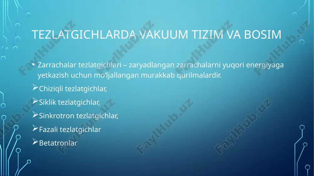 b, ularning tezligi kamayadi. bu esa zarrachalarning energiyasining yo'qolishiga olib keladi va tezlatgichning samaradorligini pasaytiradi. • tezlatgichning ishlash samaradorligi: agar bosim ortsa, zarrachalar va vakuum tizimining elementlariga qarshi qarshilik oshadi, bu esa tizimning uzluksiz ishlashini buzishi mumkin.yuqori bosim sharoitida zarrachalarni yuqori tezlikka chiqarish uchun ko'proq energiya talab qilinadi. • zarrachalarning harakati va yo'nalishini boshqarish: gaz bosimi o'zgarganda, zarrachalarning yo'nalishi ham o'zgaradi. past bosim sharoitida zarrachalar to'g'ri yo'nalishda harakat qiladi, ammo yuqori bosimda ular tezlikni yo'qotishi va yo'nalishdan chetlashishi mumkin. • tezlatgich tizimining himoyasi: yuqori gaz bosimi tizimning ichki qismlarida ifloslanish yoki korroziya muammolarini keltirib chiqarishi mumkin. past bosim sharoitlari bu muammolarni kamaytiradi va tizimning uzoq muddatli ishlashini ta'minlaydi. • tadqiqot natijalarining ishonchliligi: gaz bosimi nazorati bu tadqiqotlar natijalarining ishonchliligini ta'minlaydi, chunki havo yoki boshqa gazlar bilan to'qnashuv natijalarni buzishi mumkin.tezlatgichda gaz bosimi ortishi yoki kamayishi, ularning ishlashiga texnik xatoliklar kiritishi mumkin. • xavfsizlik:ba'zi tezlatgichlar xavfli yoki radioaktiv materiallar bilan ishlaydi.agar …
