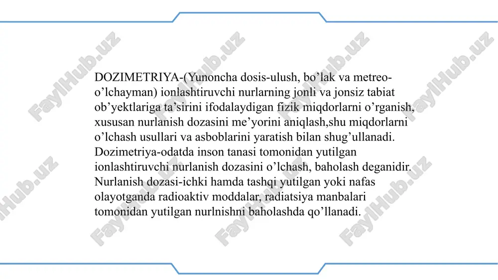 ami dk - xilidagi dozimetrlar to’plami dozimetriyaning asosiy vazifasi - ionlashtiruvchi nurlanishning aholiga va boshqa obyektlarga ta’sir darajasini va xafsiz miqdorini aniqlash va baholashdan iborat.dozimetriya yordamida zararlanish o’chog’ida qutqaruv va tezkor avariya-tiklash ishlari vazifalarini muvaffaqiyatli hal qilish uchun turli ob’yektlarning radioaktiv moddalar bilan zararlanish darajasini aniqlashda aholini radiatsiyaviy xavfsizligini ta’minlash amalga oshiriladi. dp - 22v dp-23a dp - 24 lazerli dozimetr inson tanasi uchun nurlanish xavfi darajasini baholash uchun aks ettirilgan va tarqoq lazer nurlanishining parametrlarini o’lchash uchun mo’ljallangan. dozimetr quydagi qismlardan iborat: konversiya va ro’yxatga olish blokki, fotodetektor qurilmalari fdu-1,fpu-2,fpu-3, tripod. foydalanilgan adabiyotlar ro’yxati 1. m.a.kalimov “dozimetriya asoslari va ionlashtiruvchi nurlanishlardan ximoyalanish” toshkent-2013 2. a.b.nabiyev - namdu “radiatsiya xavfsizligi” fanidan o’quv - uslubiy majmua namangan-2021 3. g.axmedova - samdu “dozimetriyaning zamonaviy muammolari va amaliy tatbig’i” fanidaan o’quv qo’llanma. 4. wikipedia.org/wiki/dozimetriya 5. o’zbekiston milliy ensiklopediyasi slide 1 slide 2 slide 3 slide 4 slide 5 3.nurlanish tufayli ionlash kamerasida hosil …