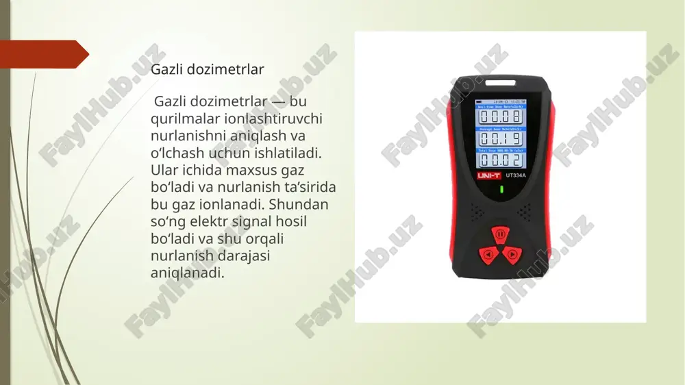 landligi detektor gazida tushgan nurlanish tomonidan to’plangan energiyani aks ettiradi. alfa zarralari tomonidan ishlab chiqarilgan katta pulslarni beta zarralari yoki gamma nurlari tomonidan ishlab chiqarilgan kichik impulslardan ajratish mumkin . gazli proportsional hisoblagich gazli proportsional hisoblagichlar odatda 10 kv / sm ga teng yuqori elektr maydonlarida ishlaydi va taxminan 10 ⁵ ga teng tipik kuchaytirish omillariga erishadi . kuchaytirish omili qo’llaniladigan kuchlanishga kuchli bog’liq bo’lganligi sababli, to’plangan zaryad (chiqish signali) ham qo’llaniladigan kuchlanishga bog’liq va proportsional hisoblagichlar doimiy kuchlanishni talab qiladi. farqli tomonlari ionizatsion kamera va proportsional hisoblagichni bu ionizatsiya kameralari va proportsional hisoblagichlar o’rtasidagi nozik, ammo muhim farq . ionlash kamerasi har soniyada to’plangan elektronlar soniga mutanosib oqim hosil qiladi. ushbu oqim o’rtacha hisoblanadi va displeyni bq yoki msv/soatda ko’rsatish uchun ishlatiladi. proportsional hisoblagichlar bu tarzda ishlamaydi. buning o’rniga, ular har bir ionlashtiruvchi hodisani alohida aniqlash uchun ionlanishning har bir alohida portlashini kuchaytiradi. shuning uchun ular ionlashtiruvchi hodisalar sonini …