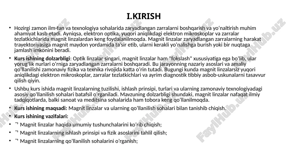mentlaridan biri sanaladi. masalan, elektron mikroskoplar va zarralar tezlatkichlarining deyarli barchasida magnit linzalar asosiy boshqaruv elementi sifatida qo‘llaniladi. 2.2. magnit linzalarning ishlash prinsipi va fizik asoslari magnit linzalarning ishlash prinsipi lorens kuchiga asoslanadi. zaryadlangan zarra magnit maydon ichida harakat qilganda unga magnit kuchi ta’sir etadi, bu kuch esa zarraning harakat yo‘nalishini o‘zgartiradi. lorens kuchi magnit maydonning kuchi, zarra zaryadi va harakat tezligiga bog‘liq bo‘ladi. natijada zarra magnit maydon ichida aylana yoki spiralsimon trayektoriya bo‘ylab harakat qiladi. agar magnit maydon ma’lum shakl va konfiguratsiyaga ega bo‘lsa, zarraning trayektoriyasi kerakli nuqtaga jamlanadi yoki yo‘naltiriladi. shu tariqa, magnit linzalar orqali zaryadlangan zarralarni boshqarish imkoniyati yuzaga keladi. magnit linzalar, aslida, maxsus shakllangan magnit maydonlar bo‘lib, ular orqali o‘tayotgan zaryadlangan zarralarning harakat yo‘nalishiga lorens kuchi ta’sir etadi. ushbu kuch zaryadlangan zarra harakat trayektoriyasini ma’lum qonuniyatlarga binoan buradi yoki yo‘naltiradi. oddiy optik linzalar yorug‘lik nurlarini sindirib yoki qaytarib, ularni jamlash vazifasini bajarsa, magnit linzalar elektronlar, protonlar …