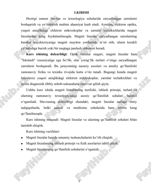 yo‘nalishini o‘zgartiradi. natijada zarra ma’lum trayektoriya bo‘ylab harakat qiladi. agar magnit maydon ma’lum geometrik shaklga ega bo‘lsa, masalan, silindrsimon yoki konussimon shaklda bo‘lsa, bu zarralarning harakati linza effekti beradi. boshqacha qilib aytganda, zarralar bir nuqtaga jamlanadi yoki kerakli yo‘nalishda fokuslanadi. optik linzalar va magnit linzalar o‘rtasida muayyan o‘xshashlik mavjud. optik linza yorug‘lik nurini sinishi yoki qaytishi orqali fokuslaydi. magnit linza esa zaryadlangan zarralar trayektoriyasiga magnit maydon orqali ta’sir ko‘rsatadi. shu jihatdan ular elektron optikasining asosiy elementlaridan biri sanaladi. masalan, elektron mikroskoplar va zarralar tezlatkichlarining deyarli barchasida magnit linzalar asosiy boshqaruv elementi sifatida qo‘llaniladi. magnit linzalarning asosiy turlari mavjud. ular tuzilishi va magnit maydon shakliga qarab farqlanadi. birinchi navbatda, solenoid tipidagi magnit linzalar haqida to‘xtalish kerak. bu linzalar odatda bir nechta o‘ramli simlar orqali hosil qilinadigan silindrsimon magnit maydon yaratish prinsipi asosida ishlaydi. solenoid ichida hosil bo‘ladigan magnit maydon bir tekis va yo‘nalgan bo‘lib, bu maydon ichidan o‘tayotgan zaryadlangan zarralarga lorens …