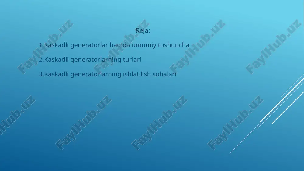 yaratishda foydalidir. telekommunikatsiya: kaskadli generatorlar raqamli aloqa tizimlarida va modulyatsiya tizimlarida yuqori sifatli signal ishlab chiqarish uchun ishlatiladi. bu, ayniqsa, ko'p kanalli aloqa tizimlari va tarmoqlarida ishlatiladi elektron tizimlar va qurilmalarni yaxshilash: kaskadli generatorlar bir nechta chastotalarni yoki fazalarni yaratish orqali ko'p qatlamli tizimlar qurishda yoki sinovlardan o'tkazishda yordam beradi.shovqin (noise) yaratish va analiz qilish kaskadli generatorlar shovqinli signalni yaratish uchun ham qo'llanilishi mumkin. bu, masalan, shovqinni sinovdan o'tkazish va tahlil qilishda, yoki shovqin darajasi yuqori tizimlarda foydalaniladi. tuzilmalar va optimizatsiya: kaskadli generatorlar analog va raqamli tizimlar arxitekturalarini optimallashtirishda ham ishlatiladi, ayniqsa bir nechta ko'p bosqichli tizimlar kerak bo'lgan hollarda. eeg (elektroensefalogramma) eeg boshga turli usullar bilan o’rnatiladi .elektroensefalogrammaning asosiy maqsadi bu miya yuzasidan aniq biolelektrik signallarni olish . acer (a) - e’tiboringiz uchun rahmat image1.png image2.png image3.png image4.png image5.png image6.png /docprops/thumbnail.jpeg