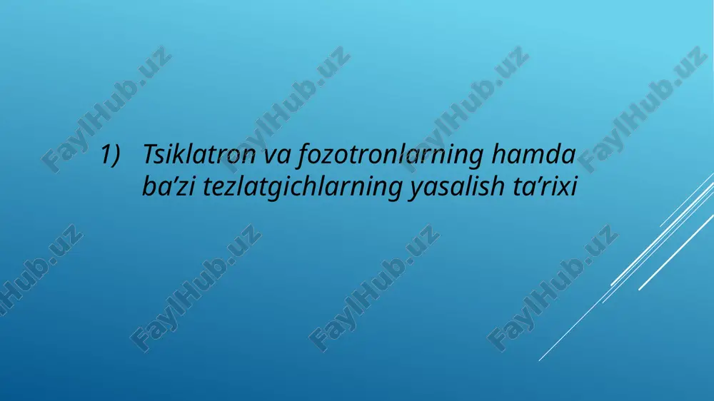 um kamerasidan , 2 ta duantlardan(bitasi manfiy yoki musbat potensiallangan bo’ladi) , o’zgaruvchan to’k manbai hamda duandlar orasiga biriktirllgan zarralar manbasidan tashkil topgan bo’ladi. zarrachalar(misol uchun proton) manbadan chiqgach manfiy zaryadlangan duant tomon magnit maydon ta’sirida aylanma harakat qiladi zarrachalar duantga yaqinlashgach o’zgaruvchan tok manbai duanttni qarama – qarshi potnsiallaydi (bitta duantni musbat bittasini manfiy zaryadlaydi) buni na’tijasida zarrachalar yana aylanma harakat bilan ikkinchi daunt tomon harakatlanadi va yana shu hol takrorlanadi , bu hol takrorlangan sayin zarrachalar aylanma harakati radiusi brogan sari ortib boradi ya’ni zarrachalar tezligi aylanma harakat radiusiga to’g’ri proporsionalligi tarzida zarrachalar tezligi ortib boradi . so’ngra zarrachalar maksimal tezlikga erishganidan so’ng ular biror bir duantda elektrostatik deflektor orqali duantni tark etib nishonga uriladi . siklatronlar kamchiligi shindaki ular zarrachalarni juda yam katta energiyagacha tezlashtira olmasligidadir. fazotron(sinxrosiklatron) ishlash prinsipi 3) siklatron va fozotronlarning amaliyotda qo’llanilishi. siklatron tsiklotronlar tibbiyotda radioizotoplar ishlab chiqarish uchun qo‘llaniladi, ular esa radiofarmatsevtika sohasida …