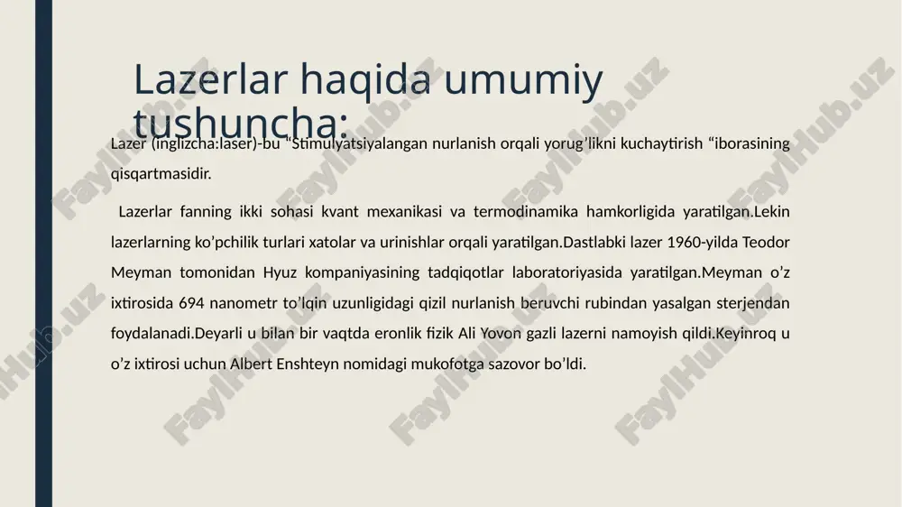 i. 3.uyg’onish maydoni(to’lqinli chiziqlar)dagi kuchli elektr to’lqini elektronlarni orqasidan tortib,ularni katta tezlikka -hatto yorug’lik tezligiga yaqin darajaga yetkazib tezlashtiradi. 4.elektrik fild:zarrachalarni tezlashtiruvchi elektr maydoni chizig’i ko’rinishida tasvirlangan.5.elektron.(ko’k shar):tezlanayotgan zarracha.bu elektron uyg’onish maydoni ichida harakat qilib,yuqori energiyaga ega bo’ladi. 1.chap tomonda,zich gaz oqimiga lazer nurlari yuboriladi.bu lazer impulsi gazni ionlashtirib,plazma hosil qiladi. 2.lazer plazmaga kirganda,uning intensivligi yuqori bo’lgani sababli plazmadagi elektronlar relativistk tezlikka erishadi.bu esa lazer nurining o’z-o’zidan torayib,fokuslanishiga olib keladi.(chapdagi 1-rasm bu hodisani ko’rsatadi) 3.plazmadagi kuchli o’zgarishlar natijasida lazer impulse plazmada to’lqin uyg’otadi.bu to’lqinlar kuchli elektr maydon hosil qiladi.(o’rtadagi rasmda ushbu to’lqin ko’rsatilgan) 4.chiqayotgan elektr nuri:ushbu elektr maydon elektronlarni ‘to’lqin izi’ ichida orqaga tortib,relativistik energiyaga ega elektron nuriga aylantiradi.bu nur plazmadan chiqib ketadi (o’ngdagi rasm) lazer plazma tezlatkichlarining kelajakdagi roli: lazer plazma tezlatgicharining kelajakdagi roli ilm-fan va texnologiyaning bir necha muhim yo’nalishlarida katta ahamiyat kasb etadi.ularnning ixchamligi,yuqori energiyali va arzon ishlash imkoniyati tufayli quyidagi sohalarda katta o’zgarishlar kutilmoqda: lazer plazmali …