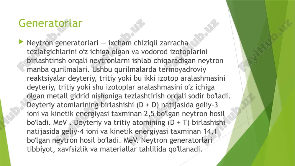imi yordamida reaktordagi jarayonlar laboratoriya sharoitida modellashtiriladi, bu esa xavfsizlikni baholashda va yangi reaktor dizaynlarini sinashda yordam beradi. geofizik va geologik tadqiqotlar ; tog‘ jinslari, tuproq va boshqa tabiiy materiallarning tarkibi neytron yordamida tahlil qilinadi. neytron aktivatsiya tahlili (naa) elementar tarkibni aniqlashda keng qo‘llaniladi fandagi o’rni neytron generatorlarining fandagi o‘rni yadro fizikasi va unga bog‘liq fan sohalarida juda katta ahamiyatga ega. ular neytronlar oqimini sun’iy ravishda hosil qiluvchi qurilmalar bo‘lib, turli ilmiy tadqiqotlarda asosiy vosita sifatida ishlatiladi. neytron generatorlari yadro reaksiyalarini o‘rganishda asosiy manba sifatida ishlatiladi. ayniqsa, neytron bilan qo‘zg‘atiladigan reaksiyalar, neytron yutish va yadro bo‘linish jarayonlari ularning yordamida sinab ko‘riladi. foydalanilgan adabiyotlar: google:” wikipedia” chatgpt pragramma. polvonov tezlatkichlar fizikasi kitobidan image1.jpeg image2.jpeg image3.jpeg /docprops/thumbnail.jpeg
